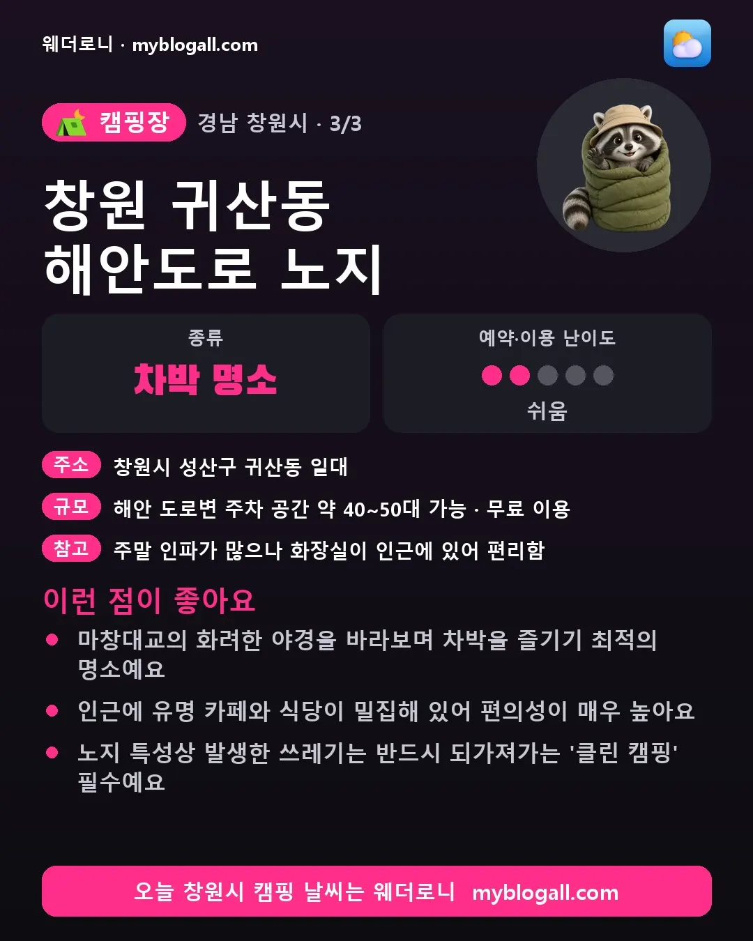 창원시 캠핑장 · 창원 귀산동 해안도로 노지 — 차박 명소 · 예약·이용 난이도 2/5 — 마창대교의 화려한 야경을 바라보며 차박을 즐기기 최적의 명소예요 — 인근에 유명 카페와 식당이 밀집해 있어 편의성이 매우 높아요