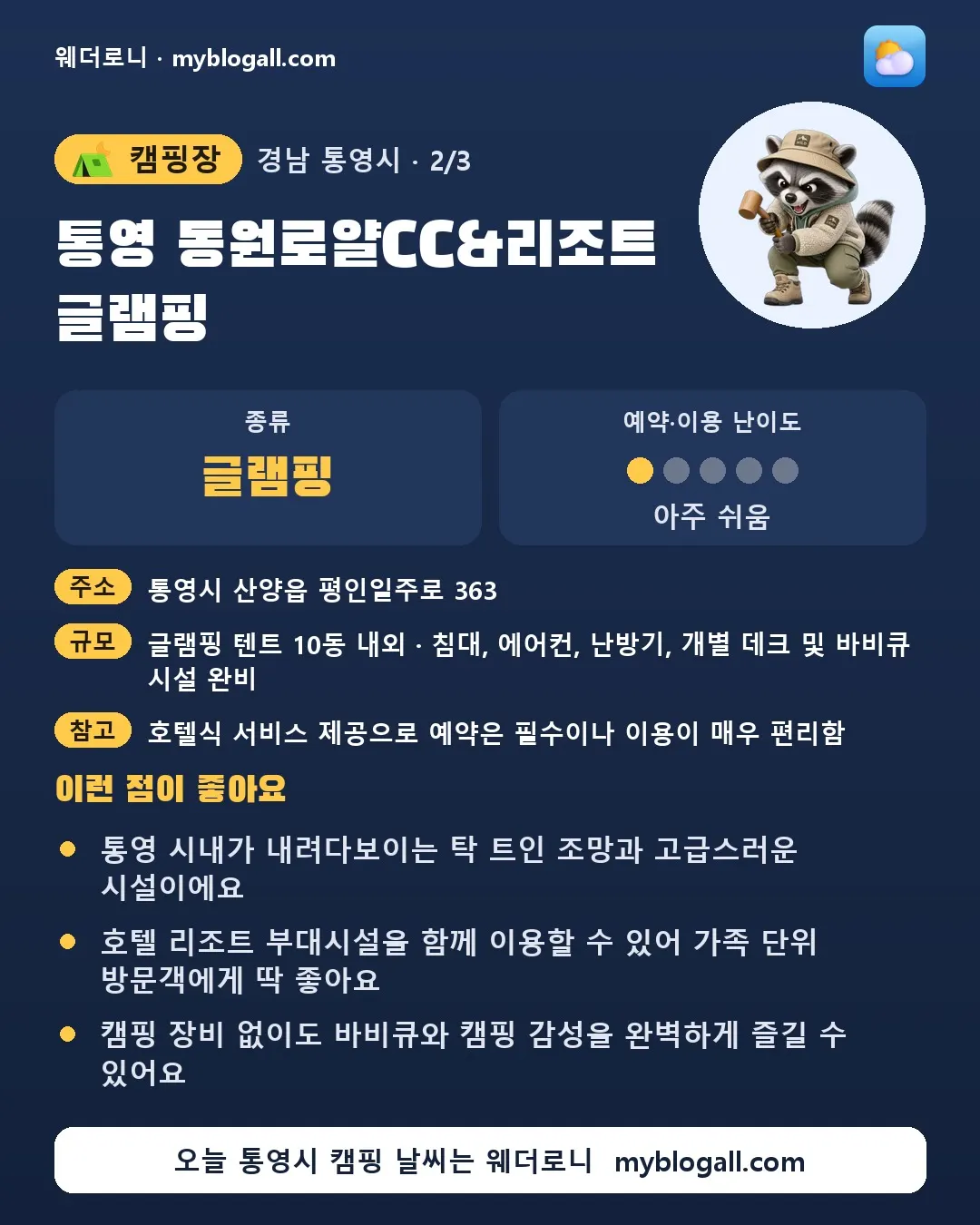 통영시 캠핑장 · 통영 동원로얄CC&리조트 글램핑 — 글램핑 · 예약·이용 난이도 1/5 — 통영 시내가 내려다보이는 탁 트인 조망과 고급스러운 시설이에요 — 호텔 리조트 부대시설을 함께 이용할 수 있어 가족 단위 방문객에게 딱 좋아요