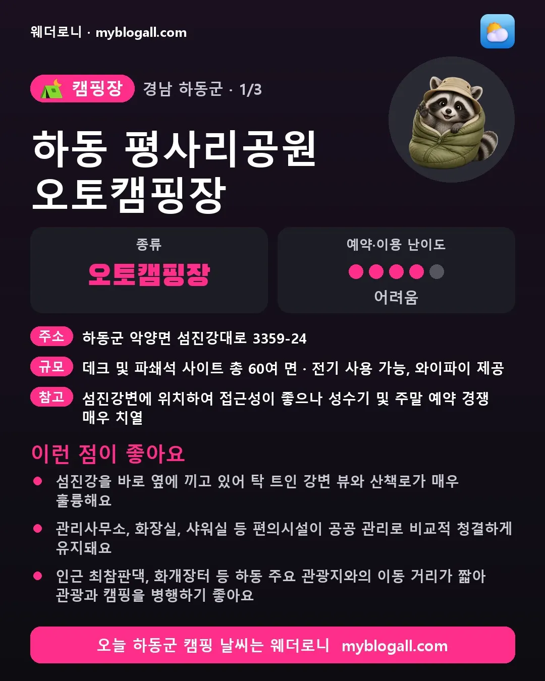 하동군 캠핑장 · 하동 평사리공원 오토캠핑장 — 오토캠핑장 · 예약·이용 난이도 4/5 — 섬진강을 바로 옆에 끼고 있어 탁 트인 강변 뷰와 산책로가 매우 훌륭해요 — 관리사무소, 화장실, 샤워실 등 편의시설이 공공 관리로 비교적 청결하게 유지돼요