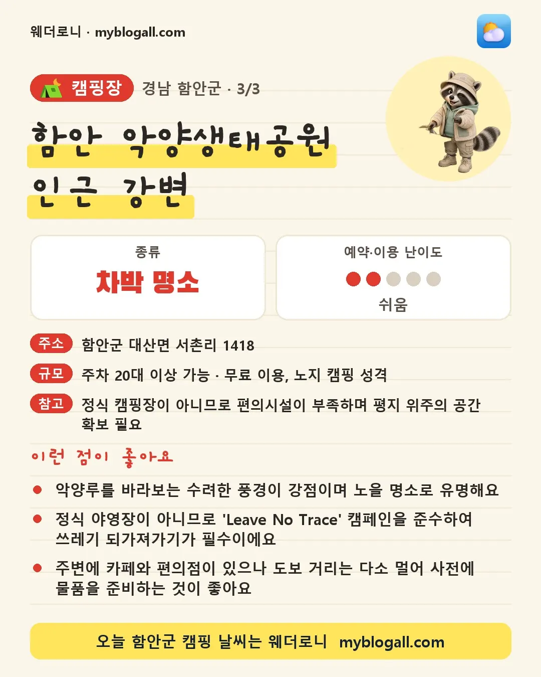 함안군 캠핑장 · 함안 악양생태공원 인근 강변 — 차박 명소 · 예약·이용 난이도 2/5 — 악양루를 바라보는 수려한 풍경이 강점이며 노을 명소로 유명해요 — 정식 야영장이 아니므로 'Leave No Trace' 캠페인을 준수하여 쓰레기 되가져가기가 필수이에요