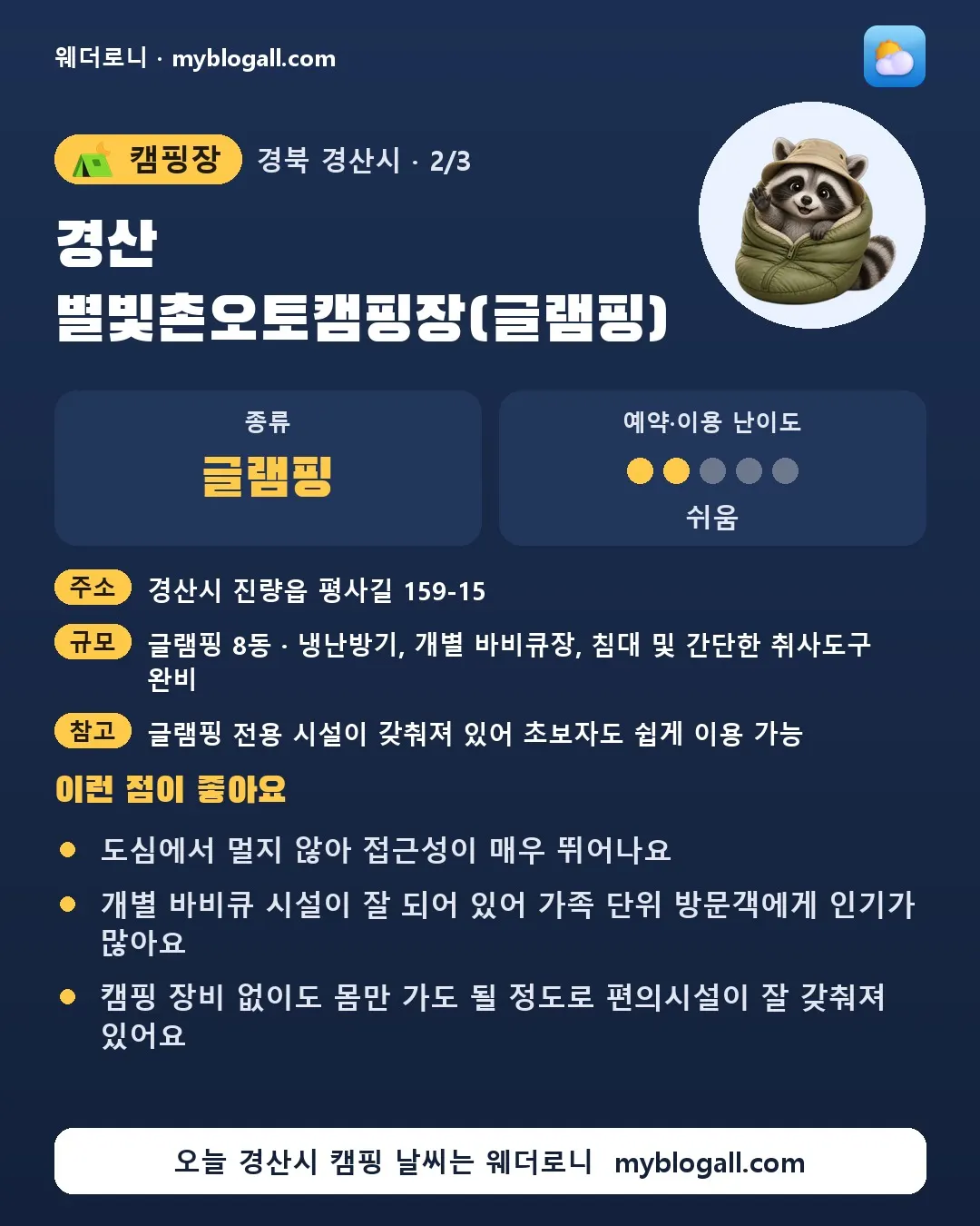 경산시 캠핑장 · 경산 별빛촌오토캠핑장(글램핑) — 글램핑 · 예약·이용 난이도 2/5 — 도심에서 멀지 않아 접근성이 매우 뛰어나요 — 개별 바비큐 시설이 잘 되어 있어 가족 단위 방문객에게 인기가 많아요
