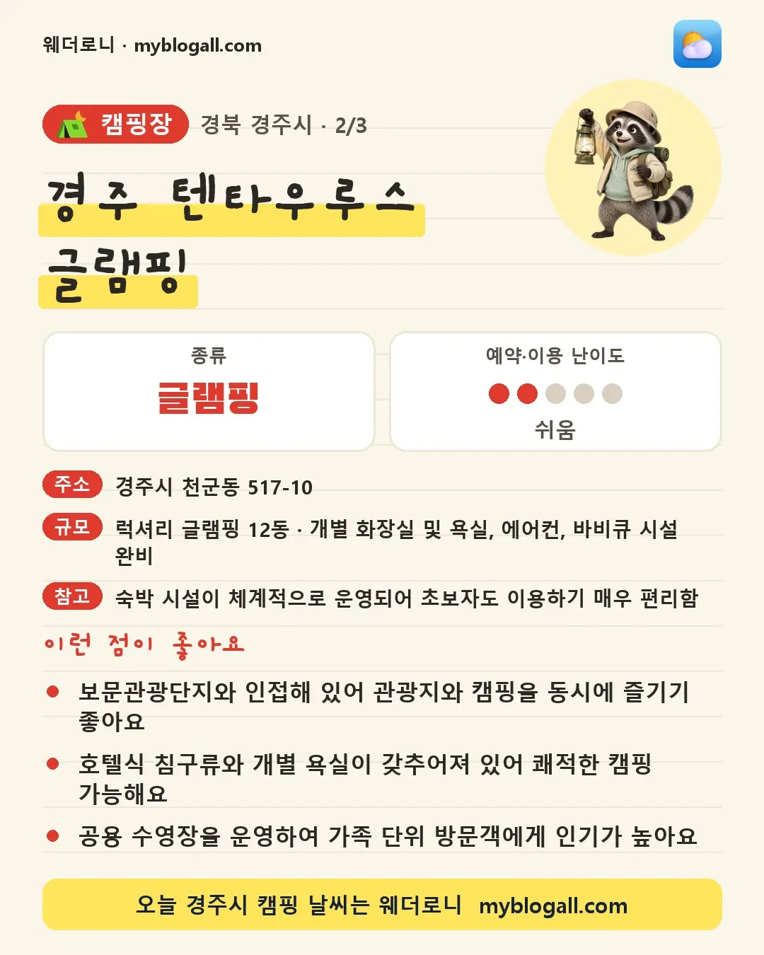 경주시 캠핑장 · 경주 텐타우루스 글램핑 — 글램핑 · 예약·이용 난이도 2/5 — 보문관광단지와 인접해 있어 관광지와 캠핑을 동시에 즐기기 좋아요 — 호텔식 침구류와 개별 욕실이 갖추어져 있어 쾌적한 캠핑 가능해요
