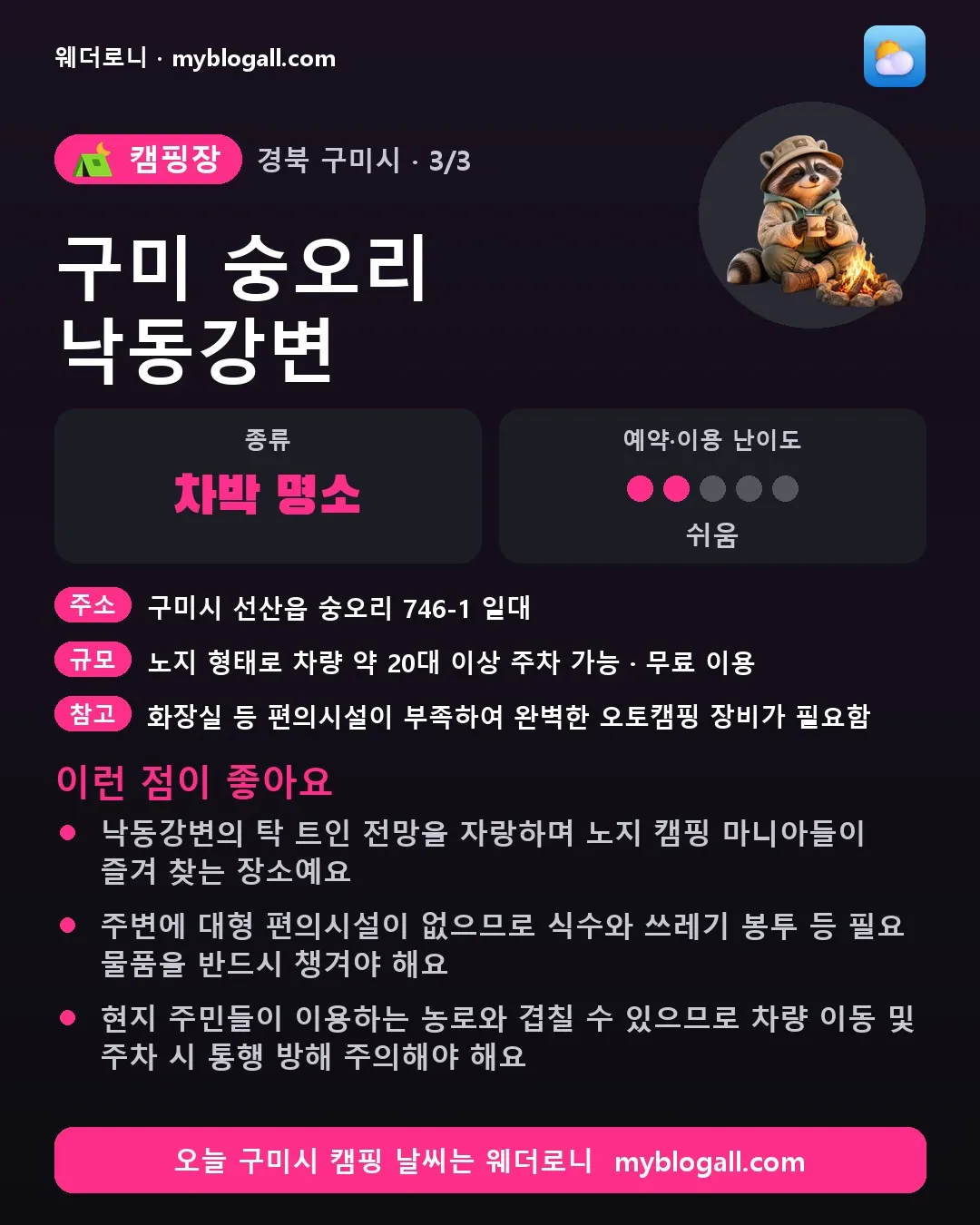 구미시 캠핑장 · 구미 숭오리 낙동강변 — 차박 명소 · 예약·이용 난이도 2/5 — 낙동강변의 탁 트인 전망을 자랑하며 노지 캠핑 마니아들이 즐겨 찾는 장소예요 — 주변에 대형 편의시설이 없으므로 식수와 쓰레기 봉투 등 필요 물품을 반드시 챙겨야 해요