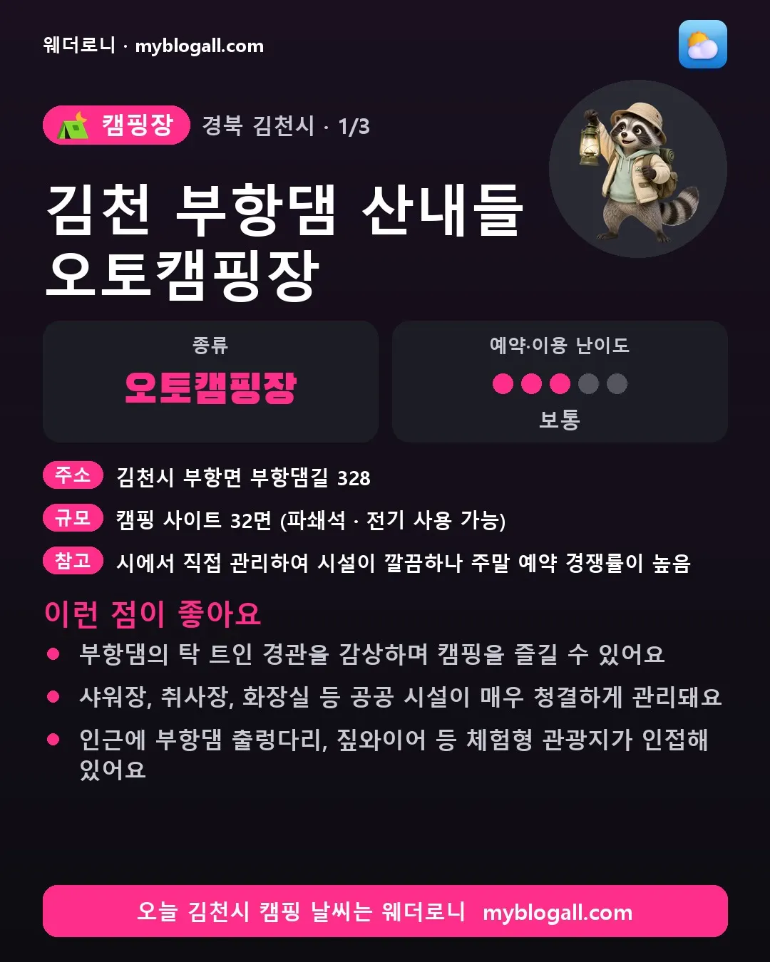 김천시 캠핑장 · 김천 부항댐 산내들 오토캠핑장 — 오토캠핑장 · 예약·이용 난이도 3/5 — 부항댐의 탁 트인 경관을 감상하며 캠핑을 즐길 수 있어요 — 샤워장, 취사장, 화장실 등 공공 시설이 매우 청결하게 관리돼요