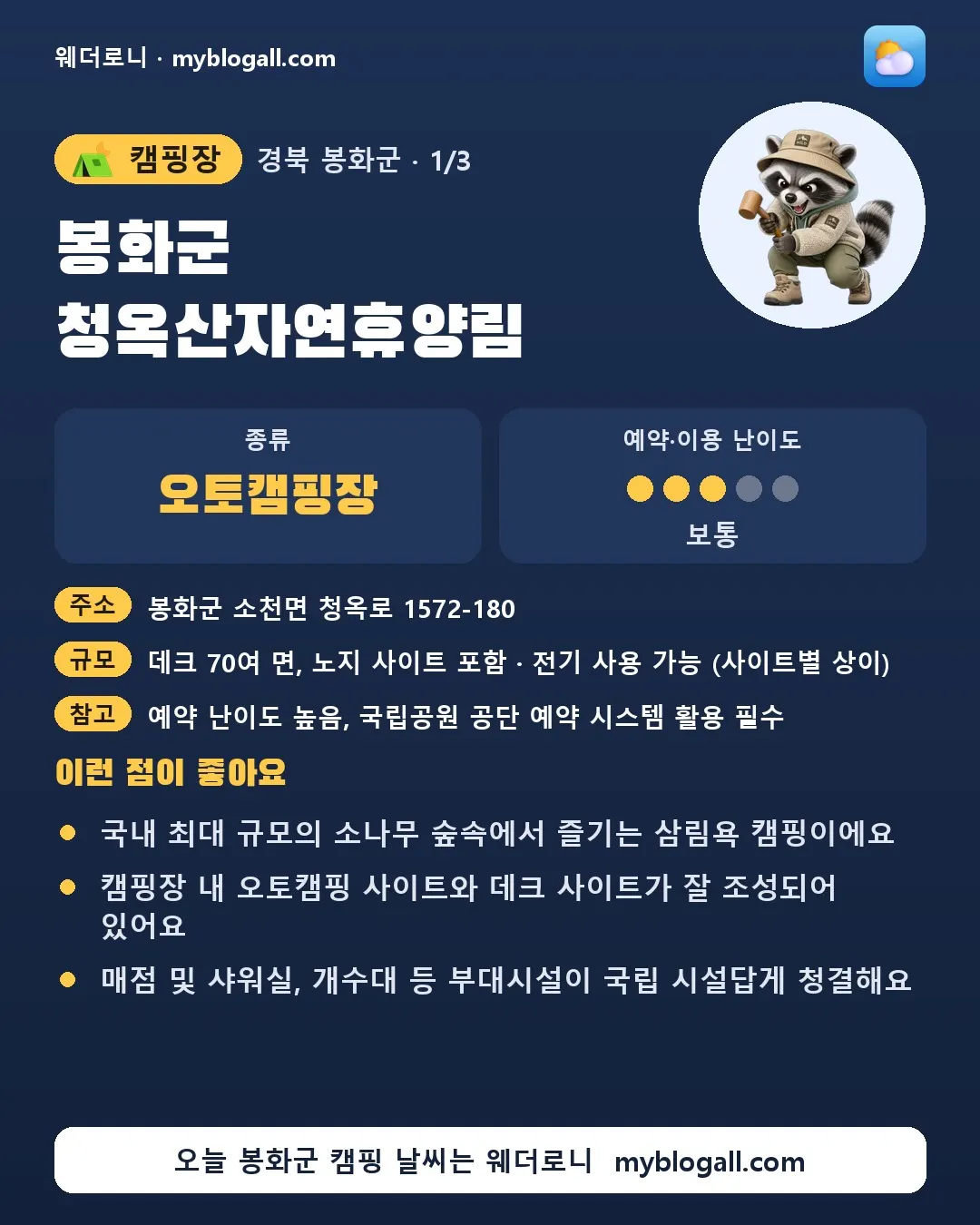 봉화군 캠핑장 · 봉화군 청옥산자연휴양림 — 오토캠핑장 · 예약·이용 난이도 3/5 — 국내 최대 규모의 소나무 숲속에서 즐기는 삼림욕 캠핑이에요 — 캠핑장 내 오토캠핑 사이트와 데크 사이트가 잘 조성되어 있어요