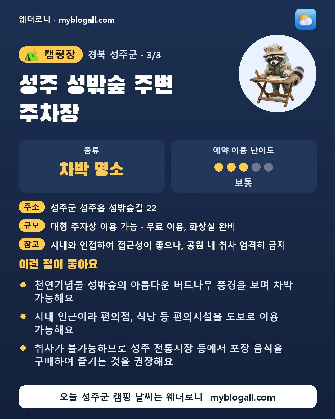 성주군 캠핑장 · 성주 성밖숲 주변 주차장 — 차박 명소 · 예약·이용 난이도 3/5 — 천연기념물 성밖숲의 아름다운 버드나무 풍경을 보며 차박 가능해요 — 시내 인근이라 편의점, 식당 등 편의시설을 도보로 이용 가능해요