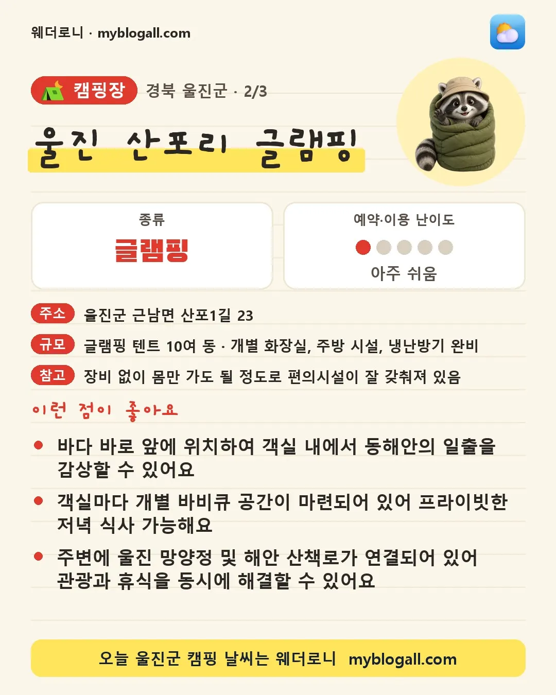 울진군 캠핑장 · 울진 산포리 글램핑 — 글램핑 · 예약·이용 난이도 1/5 — 바다 바로 앞에 위치하여 객실 내에서 동해안의 일출을 감상할 수 있어요 — 객실마다 개별 바비큐 공간이 마련되어 있어 프라이빗한 저녁 식사 가능해요