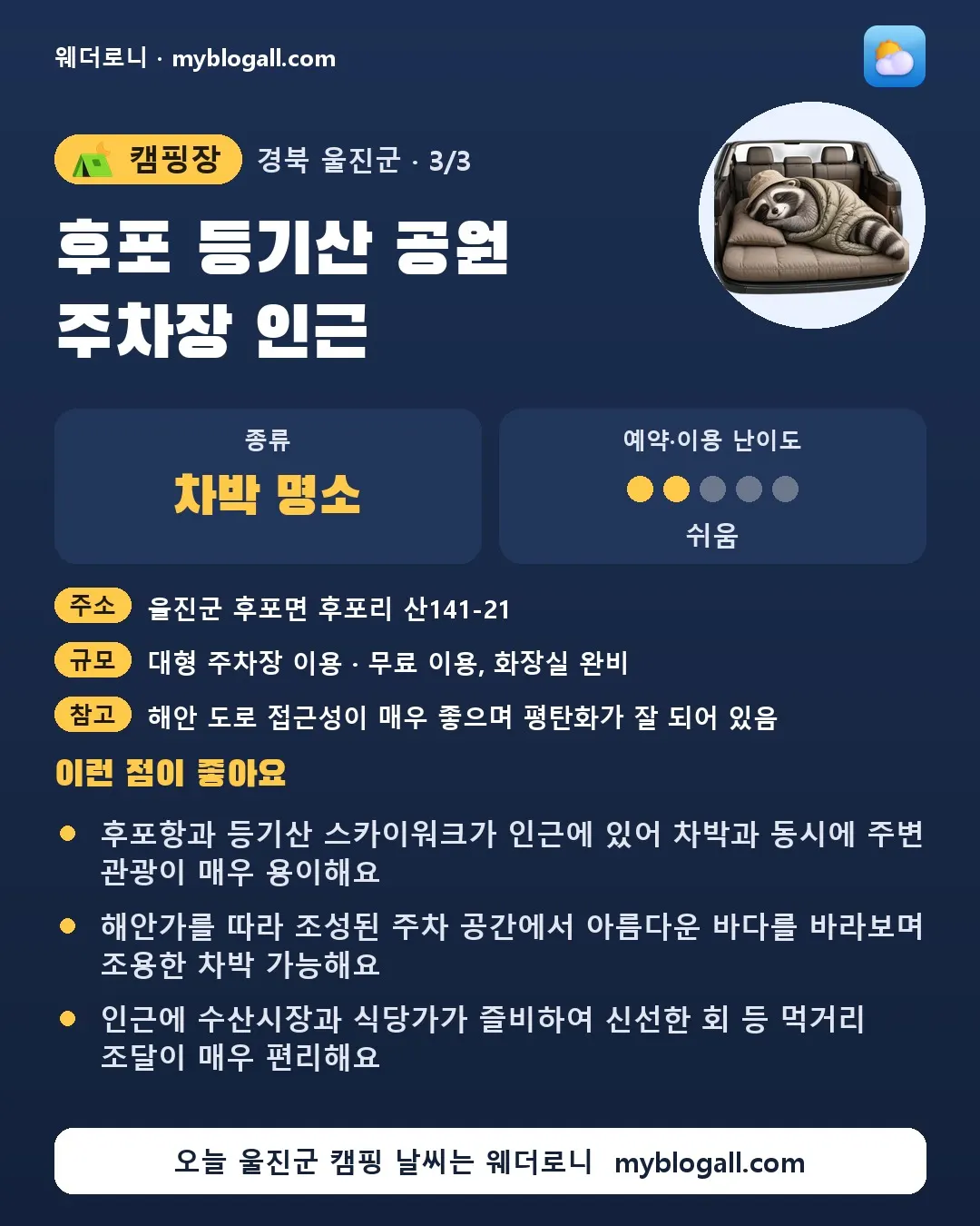 울진군 캠핑장 · 후포 등기산 공원 주차장 인근 — 차박 명소 · 예약·이용 난이도 2/5 — 후포항과 등기산 스카이워크가 인근에 있어 차박과 동시에 주변 관광이 매우 용이해요 — 해안가를 따라 조성된 주차 공간에서 아름다운 바다를 바라보며 조용한 차박 가능해요