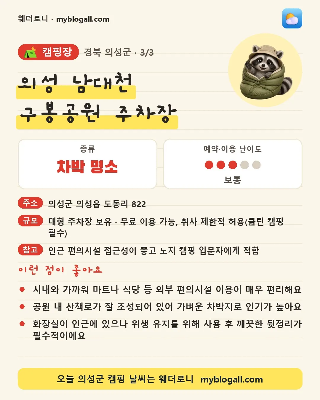 의성군 캠핑장 · 의성 남대천 구봉공원 주차장 — 차박 명소 · 예약·이용 난이도 3/5 — 시내와 가까워 마트나 식당 등 외부 편의시설 이용이 매우 편리해요 — 공원 내 산책로가 잘 조성되어 있어 가벼운 차박지로 인기가 높아요
