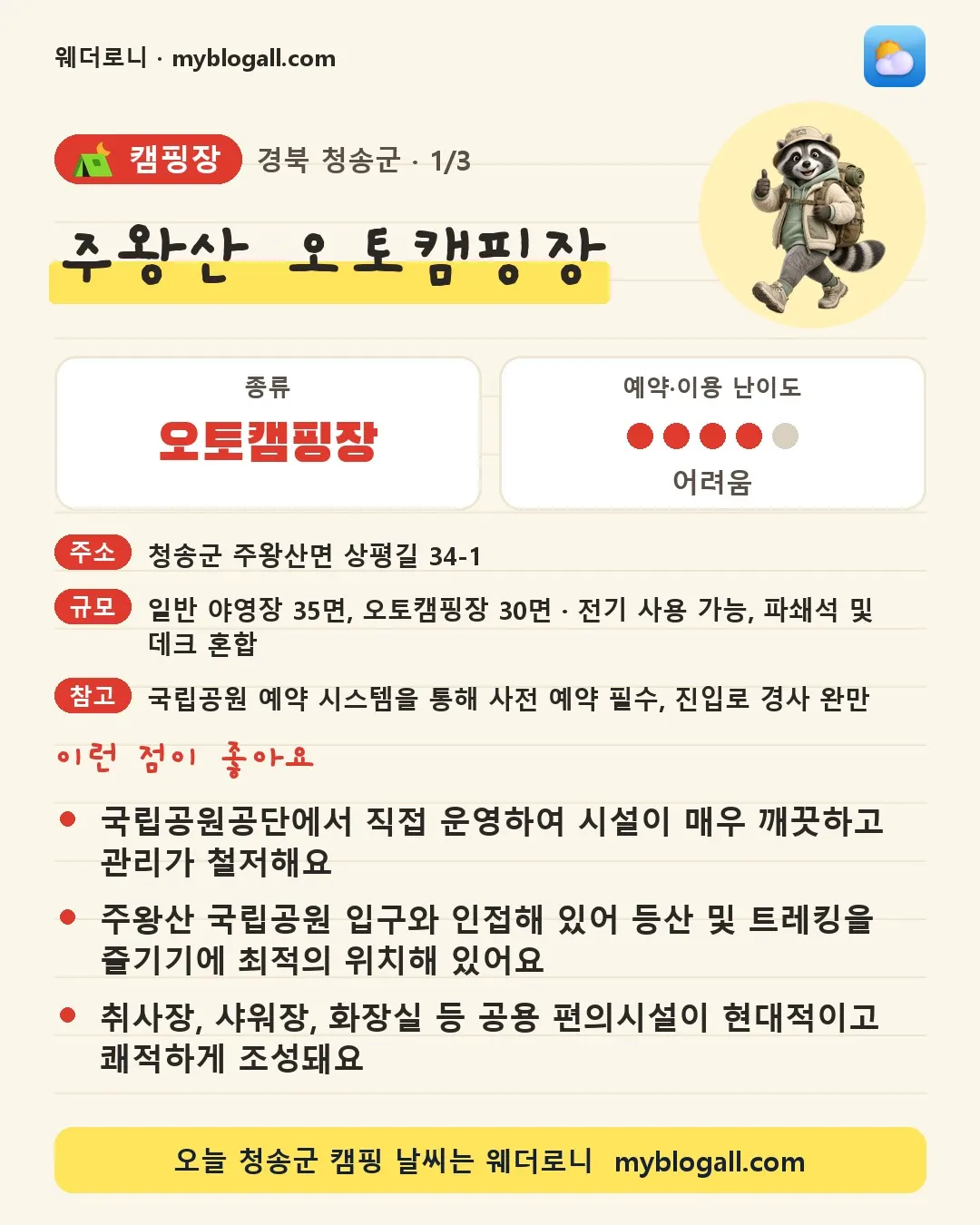 청송군 캠핑장 · 주왕산 오토캠핑장 — 오토캠핑장 · 예약·이용 난이도 4/5 — 국립공원공단에서 직접 운영하여 시설이 매우 깨끗하고 관리가 철저해요 — 주왕산 국립공원 입구와 인접해 있어 등산 및 트레킹을 즐기기에 최적의 위치해 있어요