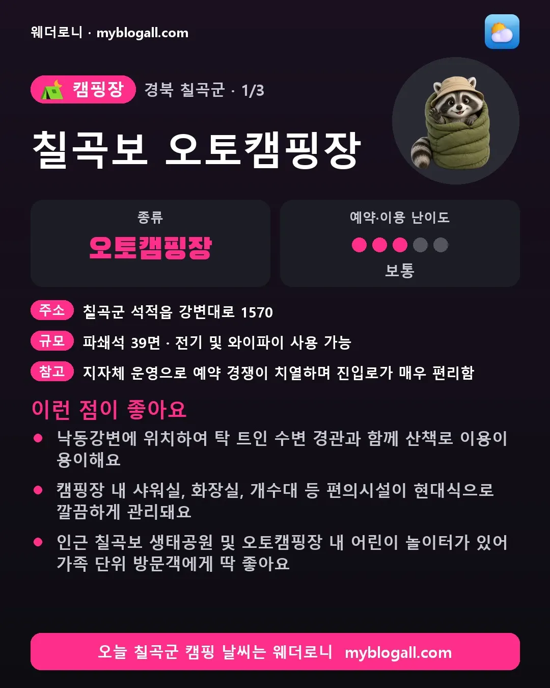칠곡군 캠핑장 · 칠곡보 오토캠핑장 — 오토캠핑장 · 예약·이용 난이도 3/5 — 낙동강변에 위치하여 탁 트인 수변 경관과 함께 산책로 이용이 용이해요 — 캠핑장 내 샤워실, 화장실, 개수대 등 편의시설이 현대식으로 깔끔하게 관리돼요