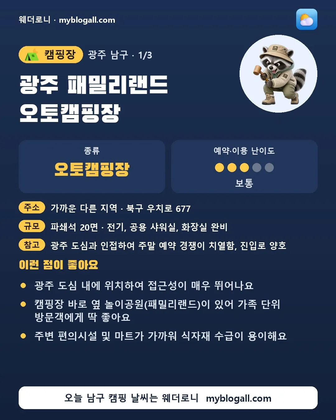 남구 캠핑장 · 광주 패밀리랜드 오토캠핑장 — 오토캠핑장 · 예약·이용 난이도 3/5 — 광주 도심 내에 위치하여 접근성이 매우 뛰어나요 — 캠핑장 바로 옆 놀이공원(패밀리랜드)이 있어 가족 단위 방문객에게 딱 좋아요