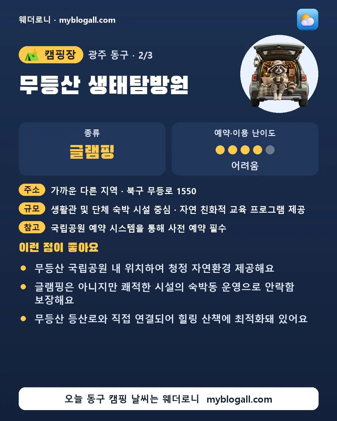 동구 캠핑장 · 무등산 생태탐방원 — 글램핑 · 예약·이용 난이도 4/5 — 무등산 국립공원 내 위치하여 청정 자연환경 제공해요 — 글램핑은 아니지만 쾌적한 시설의 숙박동 운영으로 안락함 보장해요