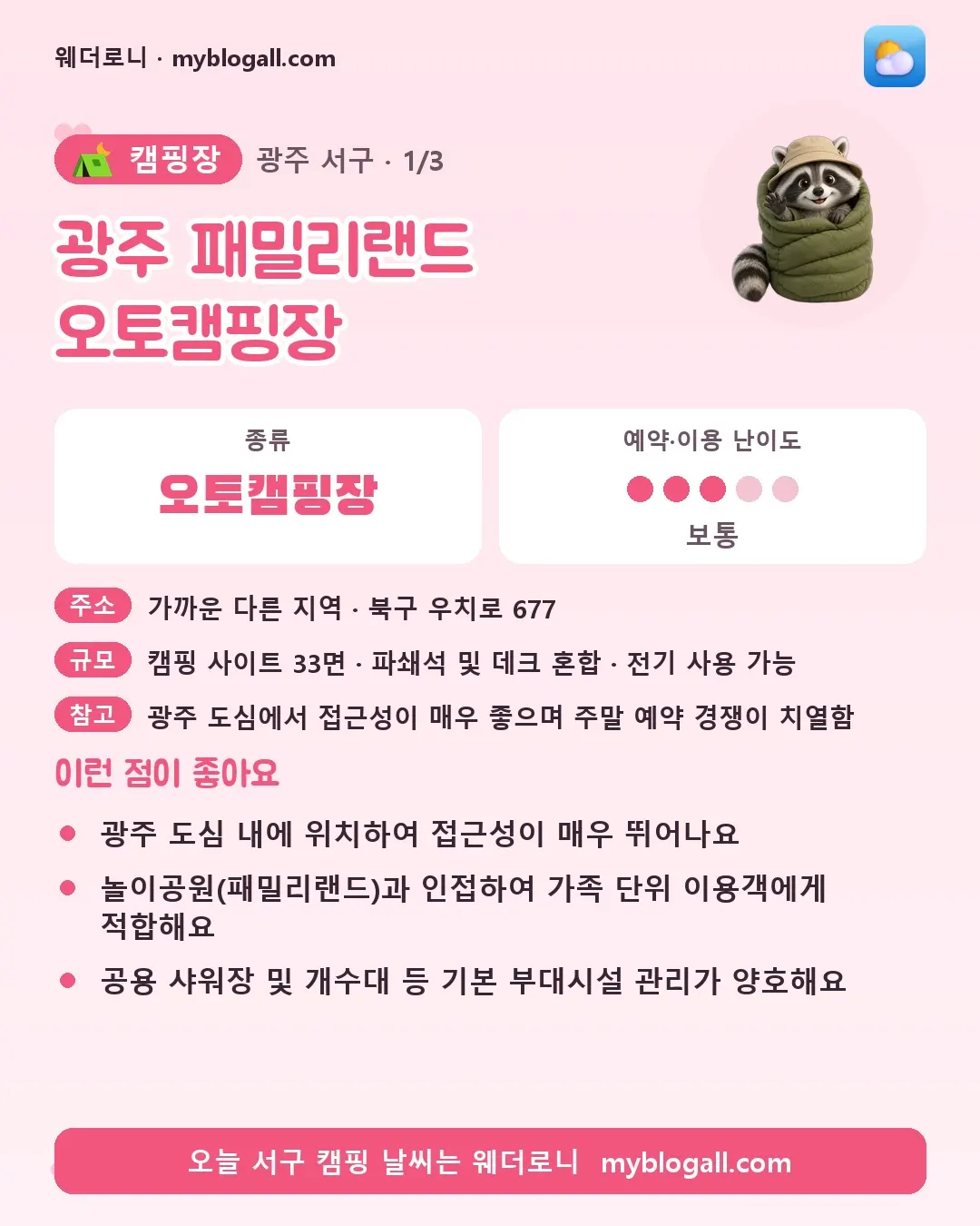 서구 캠핑장 · 광주 패밀리랜드 오토캠핑장 — 오토캠핑장 · 예약·이용 난이도 3/5 — 광주 도심 내에 위치하여 접근성이 매우 뛰어나요 — 놀이공원(패밀리랜드)과 인접하여 가족 단위 이용객에게 적합해요