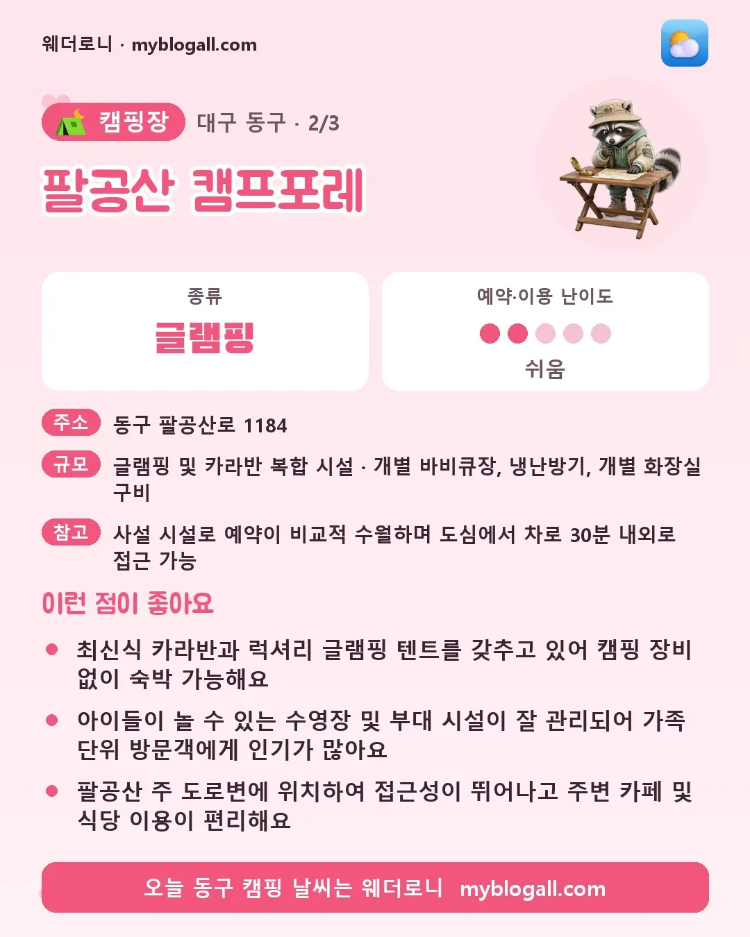 동구 캠핑장 · 팔공산 캠프포레 — 글램핑 · 예약·이용 난이도 2/5 — 최신식 카라반과 럭셔리 글램핑 텐트를 갖추고 있어 캠핑 장비 없이 숙박 가능해요 — 아이들이 놀 수 있는 수영장 및 부대 시설이 잘 관리되어 가족 단위 방문객에게 인기가 많아요