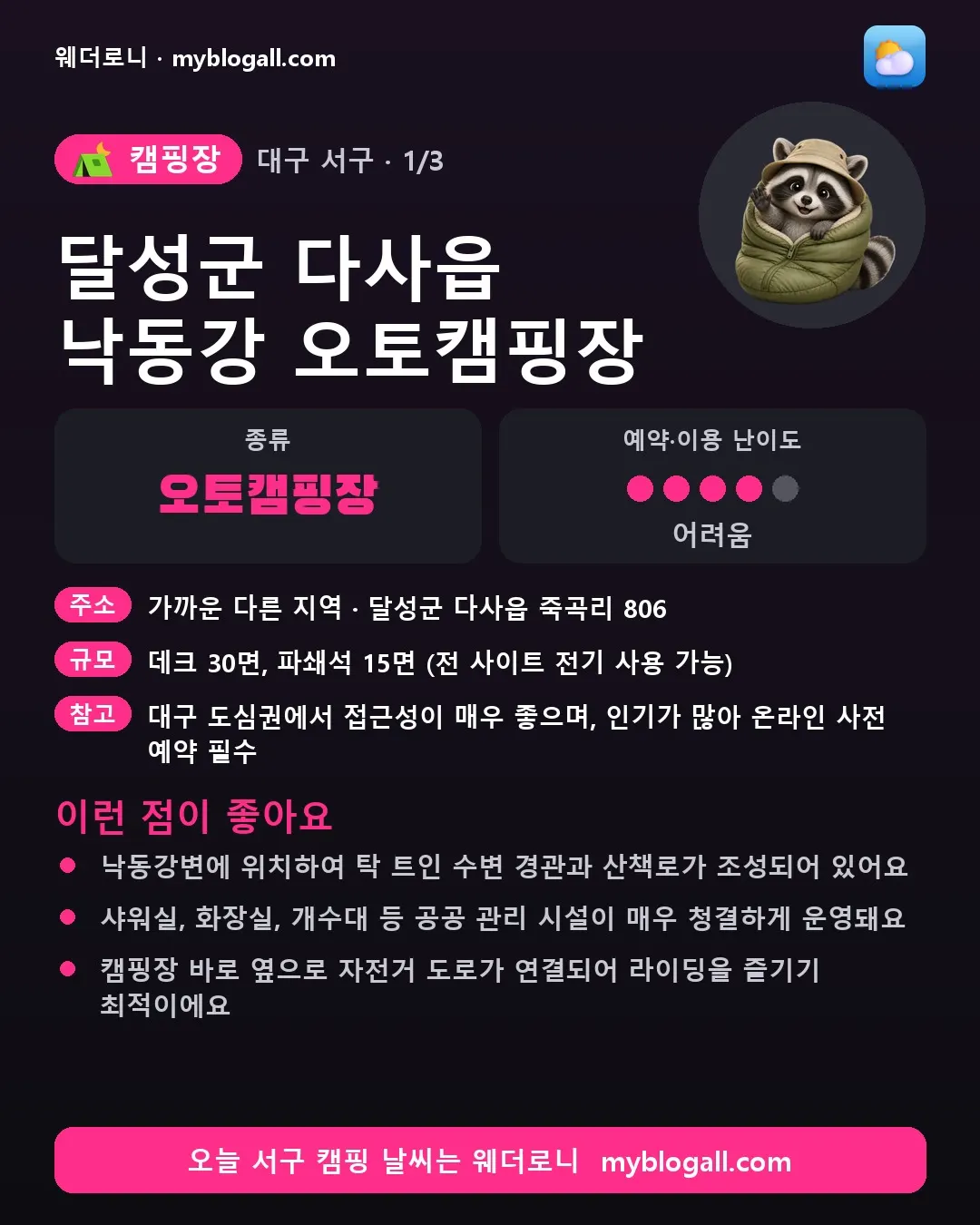 서구 캠핑장 · 달성군 다사읍 낙동강 오토캠핑장 — 오토캠핑장 · 예약·이용 난이도 4/5 — 낙동강변에 위치하여 탁 트인 수변 경관과 산책로가 조성되어 있어요 — 샤워실, 화장실, 개수대 등 공공 관리 시설이 매우 청결하게 운영돼요