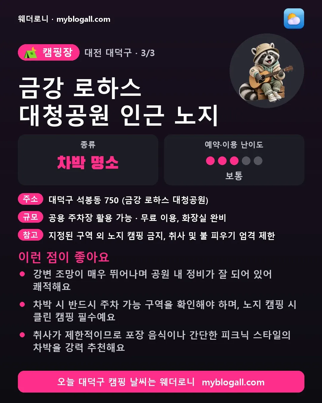 대덕구 캠핑장 · 금강 로하스 대청공원 인근 노지 — 차박 명소 · 예약·이용 난이도 3/5 — 강변 조망이 매우 뛰어나며 공원 내 정비가 잘 되어 있어 쾌적해요 — 차박 시 반드시 주차 가능 구역을 확인해야 하며, 노지 캠핑 시 클린 캠핑 필수예요
