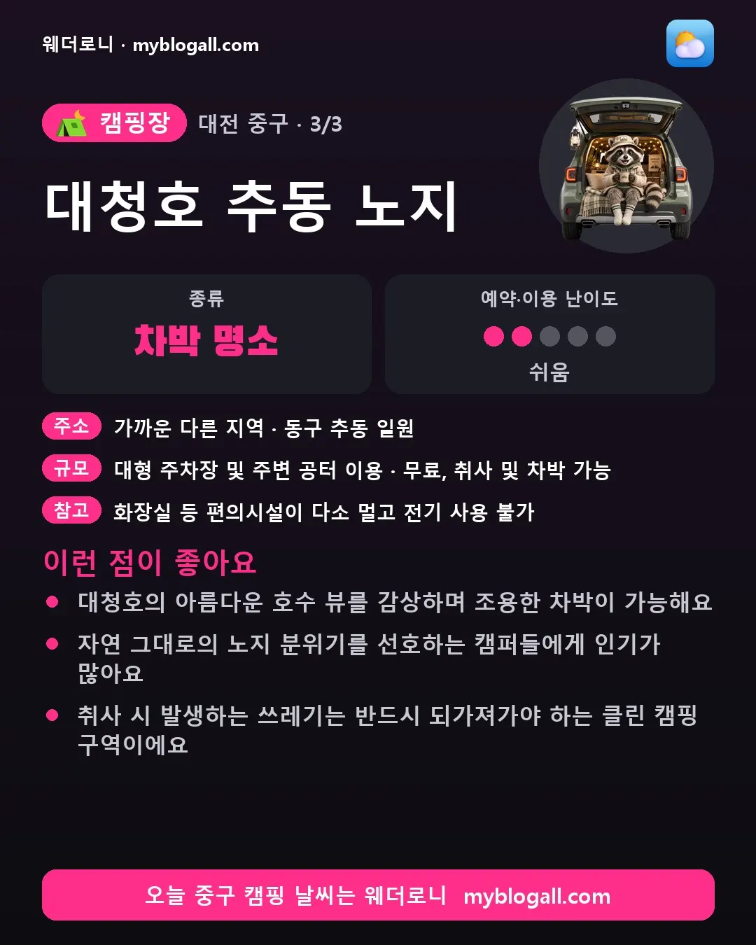 중구 캠핑장 · 대청호 추동 노지 — 차박 명소 · 예약·이용 난이도 2/5 — 대청호의 아름다운 호수 뷰를 감상하며 조용한 차박이 가능해요 — 자연 그대로의 노지 분위기를 선호하는 캠퍼들에게 인기가 많아요