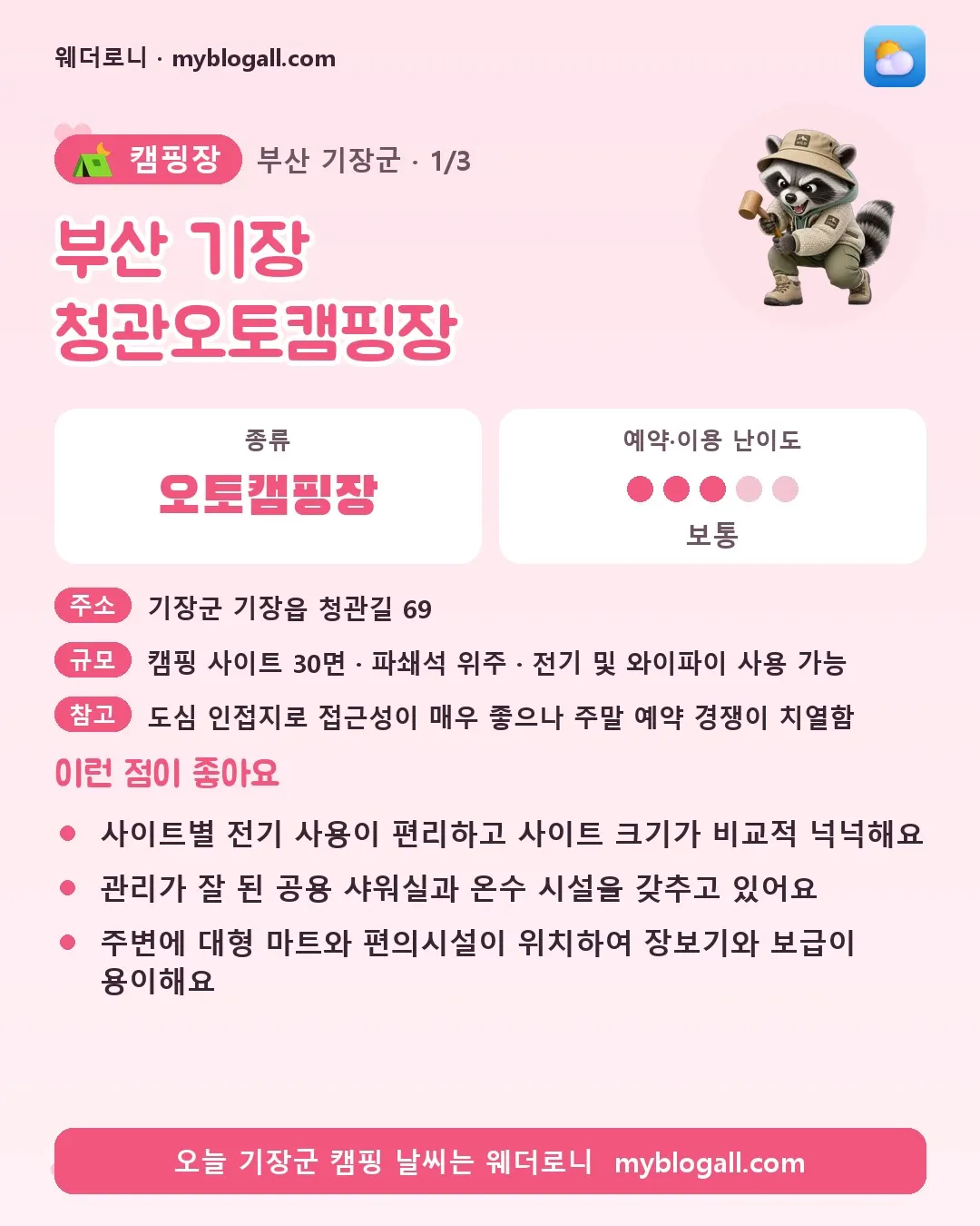기장군 캠핑장 · 부산 기장 청관오토캠핑장 — 오토캠핑장 · 예약·이용 난이도 3/5 — 사이트별 전기 사용이 편리하고 사이트 크기가 비교적 넉넉해요 — 관리가 잘 된 공용 샤워실과 온수 시설을 갖추고 있어요