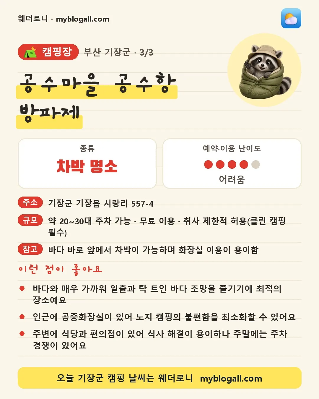 기장군 캠핑장 · 공수마을 공수항 방파제 — 차박 명소 · 예약·이용 난이도 4/5 — 바다와 매우 가까워 일출과 탁 트인 바다 조망을 즐기기에 최적의 장소예요 — 인근에 공중화장실이 있어 노지 캠핑의 불편함을 최소화할 수 있어요