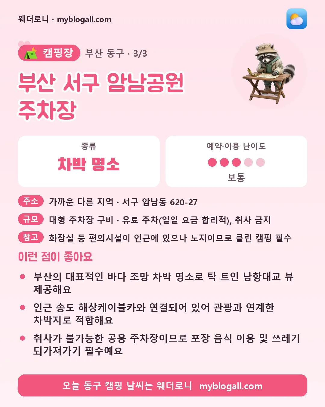 동구 캠핑장 · 부산 서구 암남공원 주차장 — 차박 명소 · 예약·이용 난이도 3/5 — 부산의 대표적인 바다 조망 차박 명소로 탁 트인 남항대교 뷰 제공해요 — 인근 송도 해상케이블카와 연결되어 있어 관광과 연계한 차박지로 적합해요