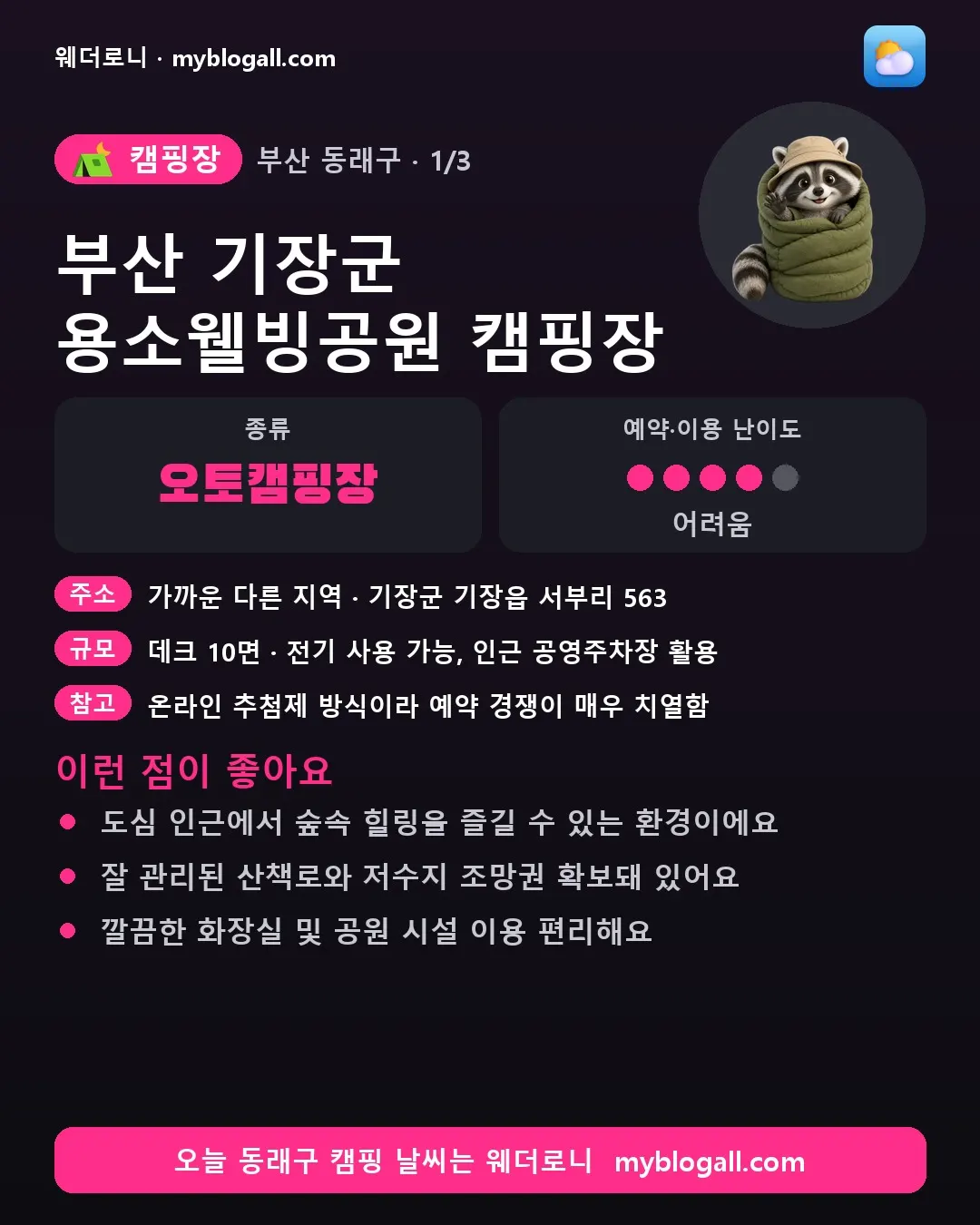 동래구 캠핑장 · 부산 기장군 용소웰빙공원 캠핑장 — 오토캠핑장 · 예약·이용 난이도 4/5 — 도심 인근에서 숲속 힐링을 즐길 수 있는 환경이에요 — 잘 관리된 산책로와 저수지 조망권 확보돼 있어요