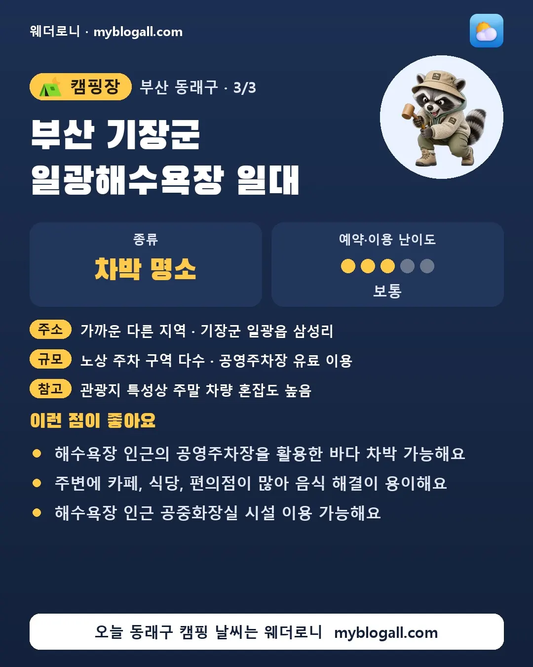 동래구 캠핑장 · 부산 기장군 일광해수욕장 일대 — 차박 명소 · 예약·이용 난이도 3/5 — 해수욕장 인근의 공영주차장을 활용한 바다 차박 가능해요 — 주변에 카페, 식당, 편의점이 많아 음식 해결이 용이해요