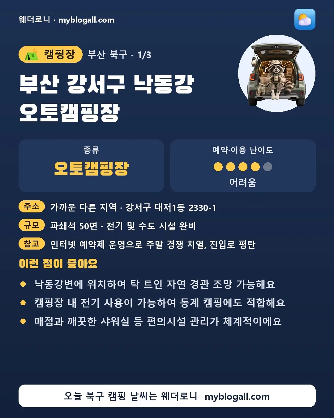 북구 캠핑장 · 부산 강서구 낙동강 오토캠핑장 — 오토캠핑장 · 예약·이용 난이도 4/5 — 낙동강변에 위치하여 탁 트인 자연 경관 조망 가능해요 — 캠핑장 내 전기 사용이 가능하여 동계 캠핑에도 적합해요