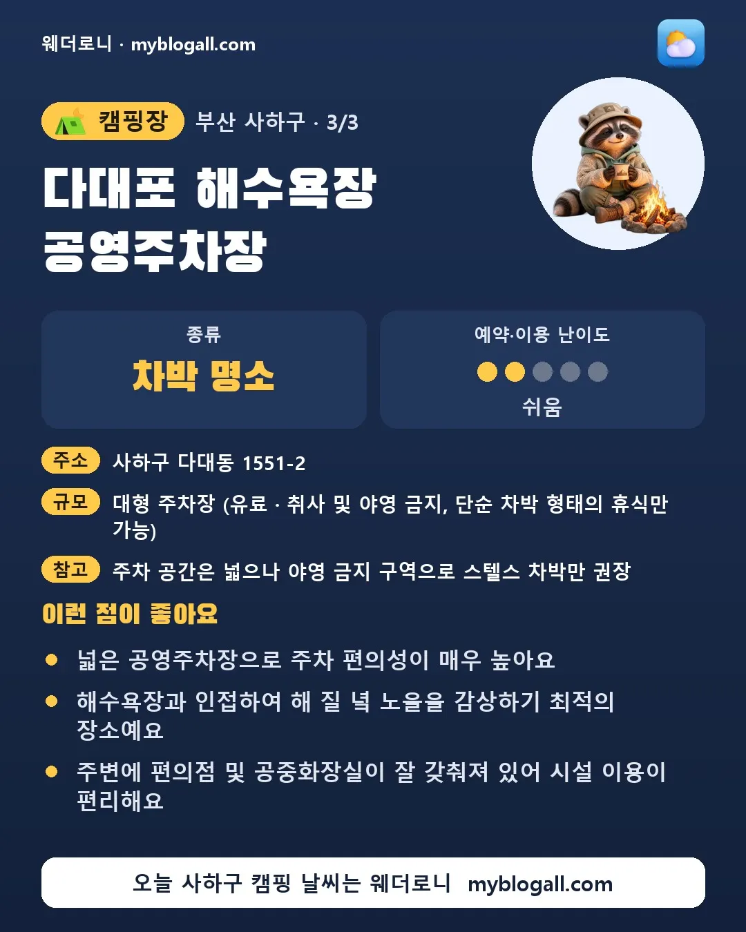 사하구 캠핑장 · 다대포 해수욕장 공영주차장 — 차박 명소 · 예약·이용 난이도 2/5 — 넓은 공영주차장으로 주차 편의성이 매우 높아요 — 해수욕장과 인접하여 해 질 녘 노을을 감상하기 최적의 장소예요