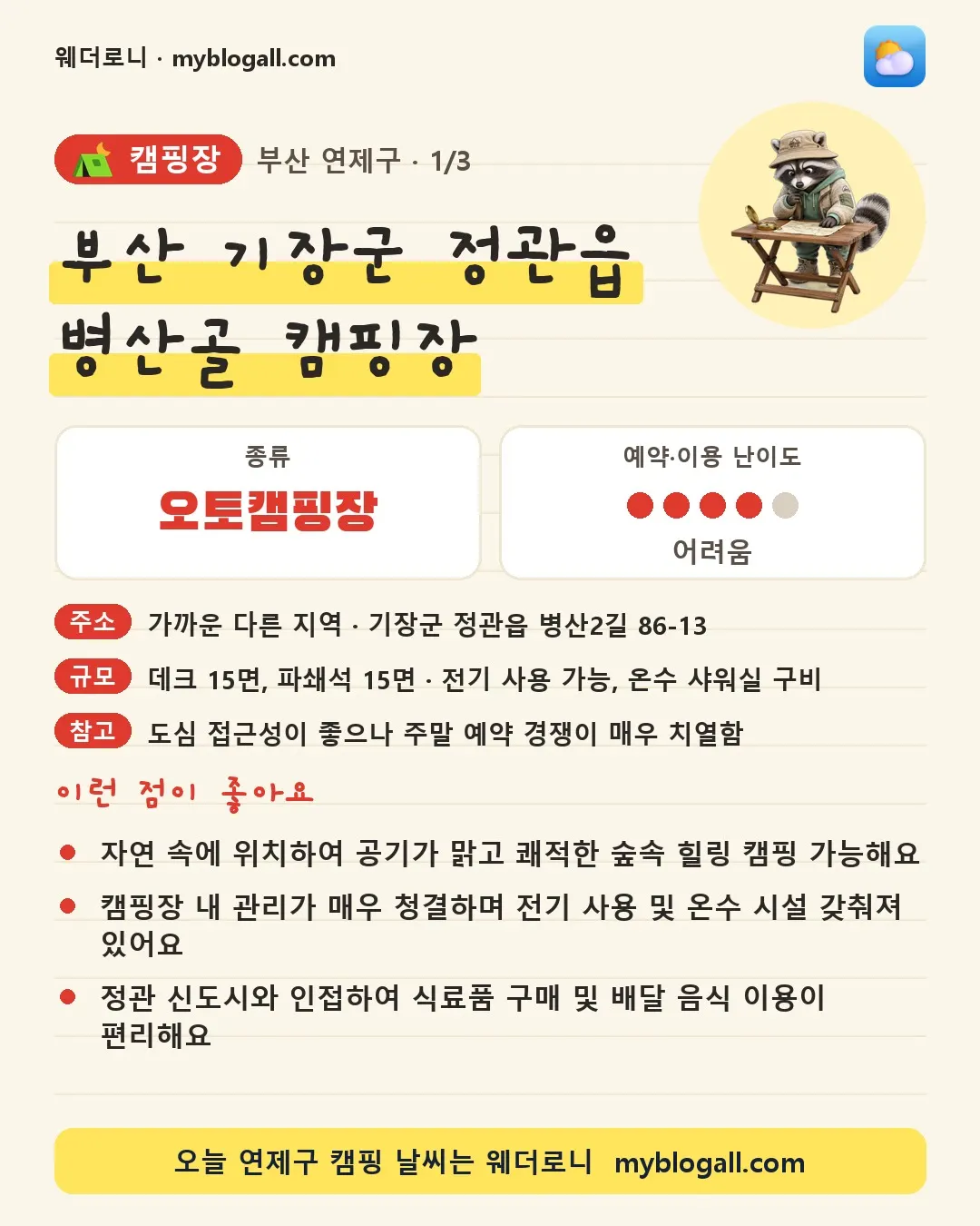 연제구 캠핑장 · 부산 기장군 정관읍 병산골 캠핑장 — 오토캠핑장 · 예약·이용 난이도 4/5 — 자연 속에 위치하여 공기가 맑고 쾌적한 숲속 힐링 캠핑 가능해요 — 캠핑장 내 관리가 매우 청결하며 전기 사용 및 온수 시설 갖춰져 있어요