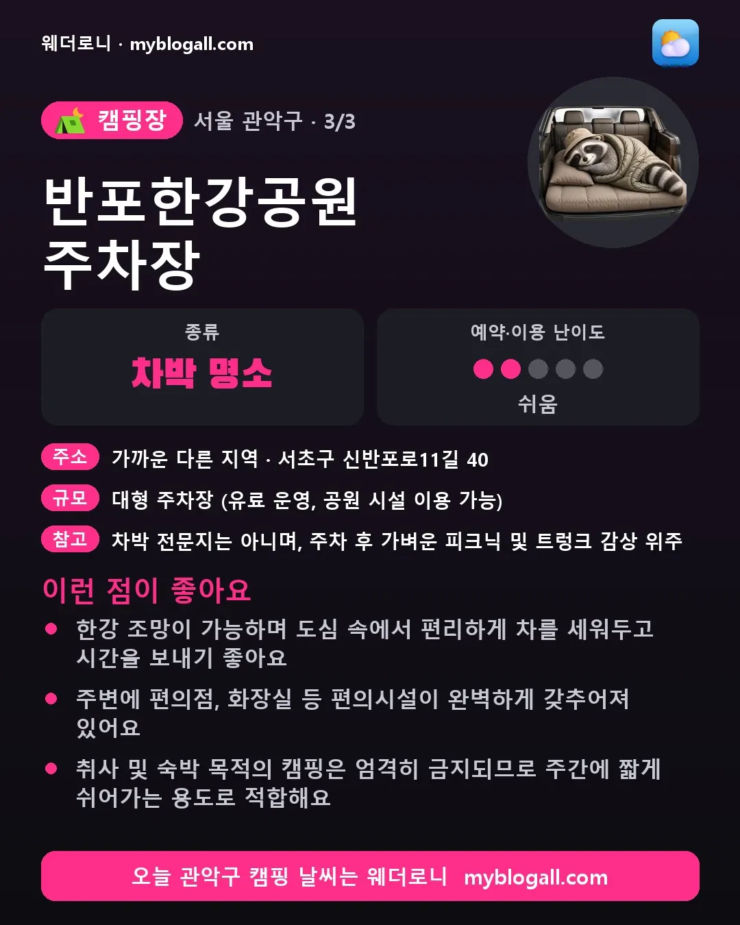 관악구 캠핑장 · 반포한강공원 주차장 — 차박 명소 · 예약·이용 난이도 2/5 — 한강 조망이 가능하며 도심 속에서 편리하게 차를 세워두고 시간을 보내기 좋아요 — 주변에 편의점, 화장실 등 편의시설이 완벽하게 갖추어져 있어요