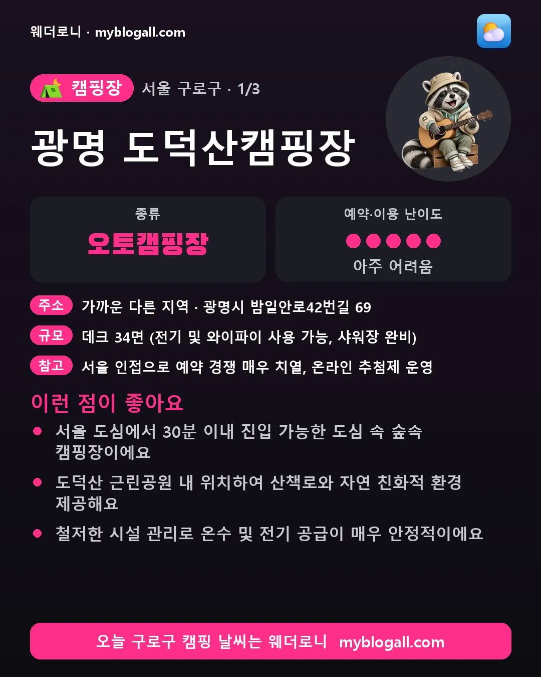 구로구 캠핑장 · 광명 도덕산캠핑장 — 오토캠핑장 · 예약·이용 난이도 5/5 — 서울 도심에서 30분 이내 진입 가능한 도심 속 숲속 캠핑장이에요 — 도덕산 근린공원 내 위치하여 산책로와 자연 친화적 환경 제공해요