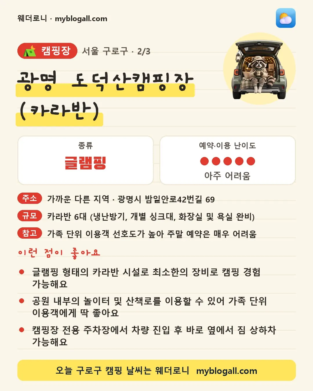 구로구 캠핑장 · 광명 도덕산캠핑장 (카라반) — 글램핑 · 예약·이용 난이도 5/5 — 글램핑 형태의 카라반 시설로 최소한의 장비로 캠핑 경험 가능해요 — 공원 내부의 놀이터 및 산책로를 이용할 수 있어 가족 단위 이용객에게 딱 좋아요