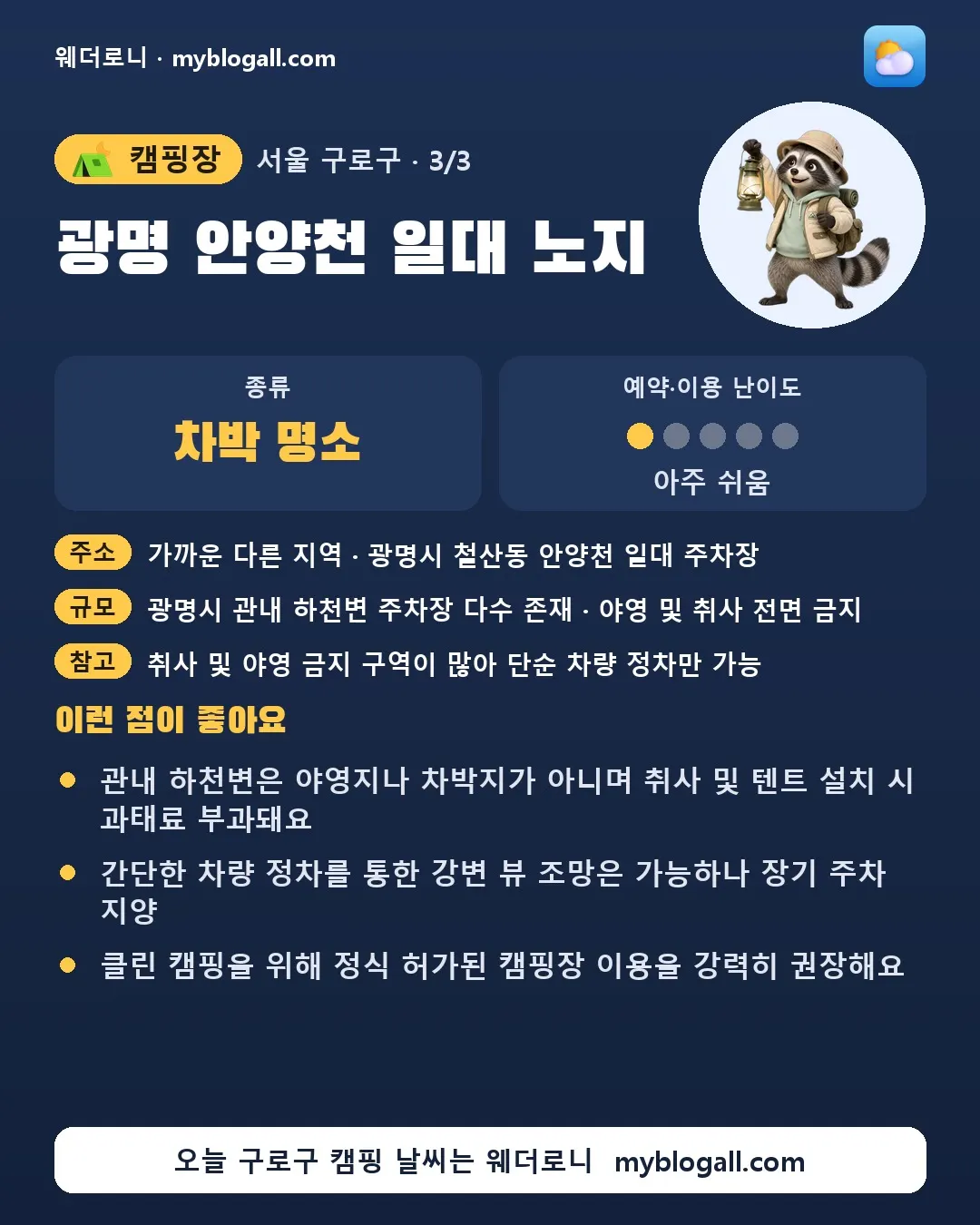 구로구 캠핑장 · 광명 안양천 일대 노지 — 차박 명소 · 예약·이용 난이도 1/5 — 관내 하천변은 야영지나 차박지가 아니며 취사 및 텐트 설치 시 과태료 부과돼요 — 간단한 차량 정차를 통한 강변 뷰 조망은 가능하나 장기 주차 지양