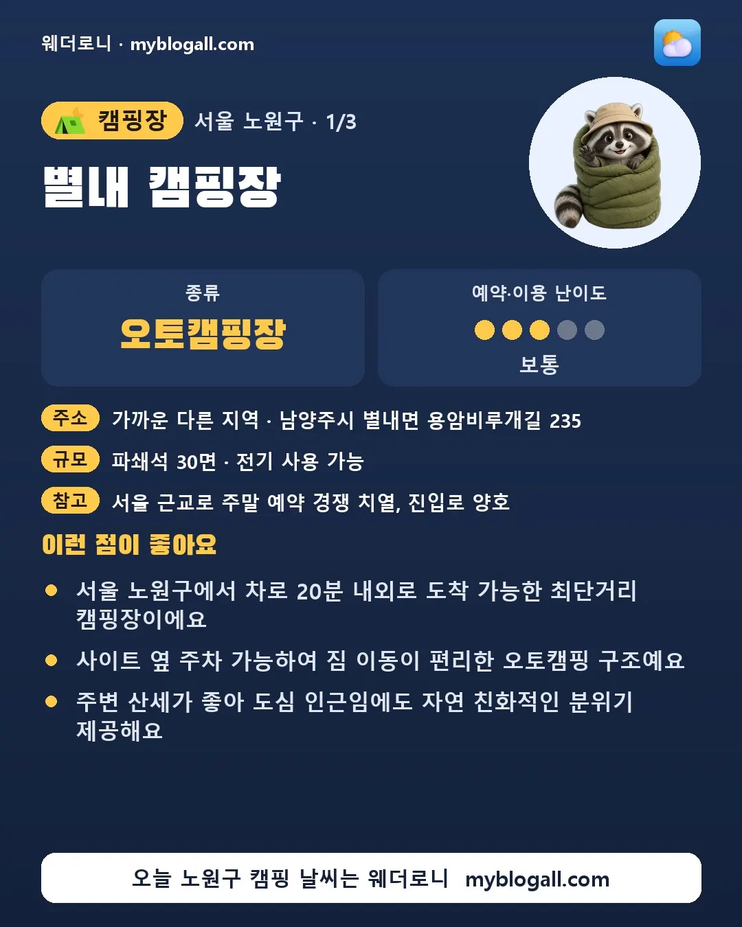 노원구 캠핑장 · 별내 캠핑장 — 오토캠핑장 · 예약·이용 난이도 3/5 — 서울 노원구에서 차로 20분 내외로 도착 가능한 최단거리 캠핑장이에요 — 사이트 옆 주차 가능하여 짐 이동이 편리한 오토캠핑 구조예요