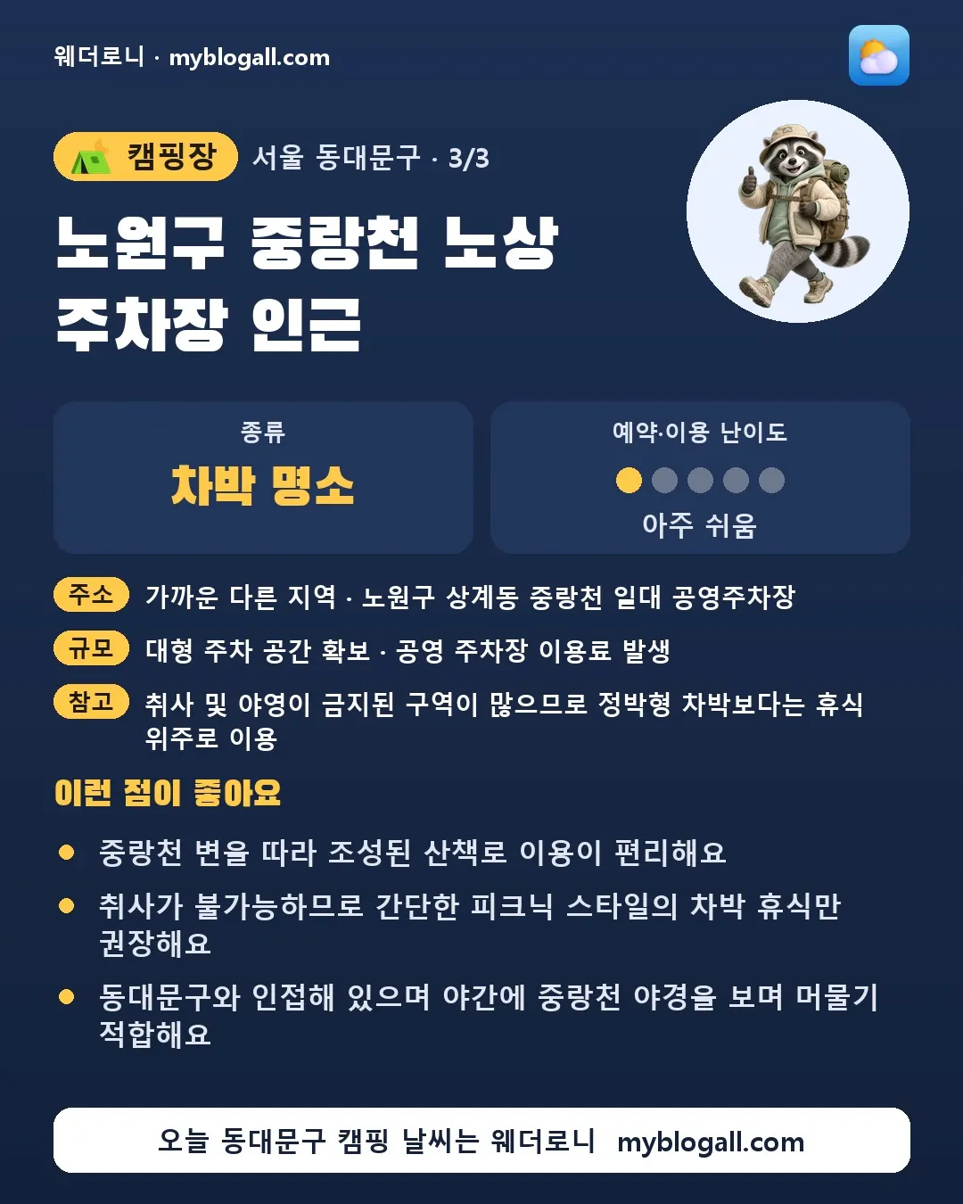 동대문구 캠핑장 · 노원구 중랑천 노상 주차장 인근 — 차박 명소 · 예약·이용 난이도 1/5 — 중랑천 변을 따라 조성된 산책로 이용이 편리해요 — 취사가 불가능하므로 간단한 피크닉 스타일의 차박 휴식만 권장해요