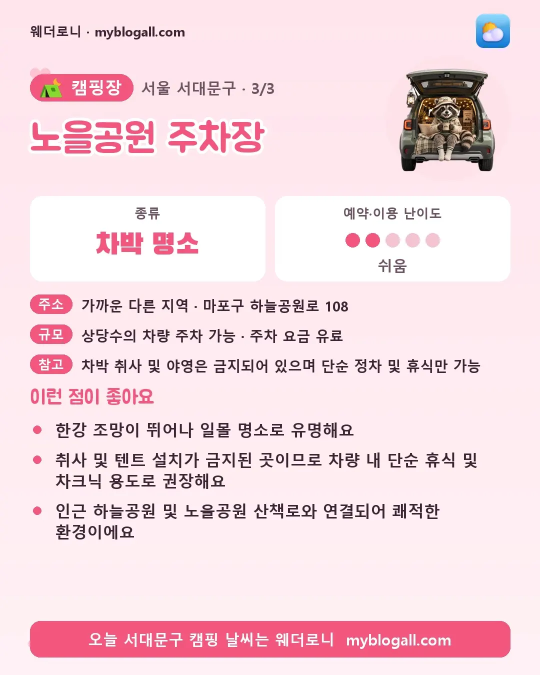 서대문구 캠핑장 · 노을공원 주차장 — 차박 명소 · 예약·이용 난이도 2/5 — 한강 조망이 뛰어나 일몰 명소로 유명해요 — 취사 및 텐트 설치가 금지된 곳이므로 차량 내 단순 휴식 및 차크닉 용도로 권장해요