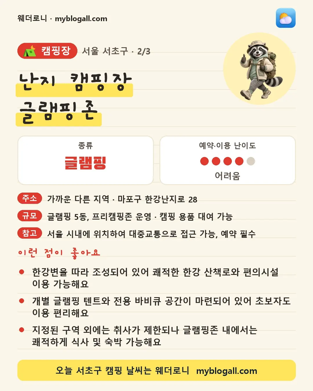 서초구 캠핑장 · 난지 캠핑장 글램핑존 — 글램핑 · 예약·이용 난이도 4/5 — 한강변을 따라 조성되어 있어 쾌적한 한강 산책로와 편의시설 이용 가능해요 — 개별 글램핑 텐트와 전용 바비큐 공간이 마련되어 있어 초보자도 이용 편리해요