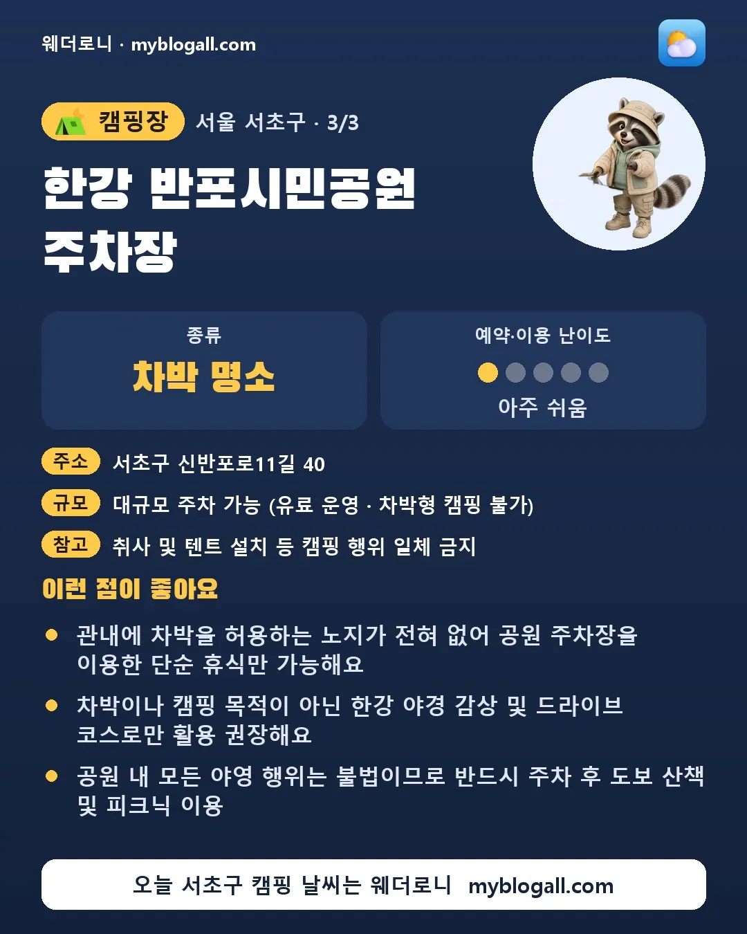 서초구 캠핑장 · 한강 반포시민공원 주차장 — 차박 명소 · 예약·이용 난이도 1/5 — 관내에 차박을 허용하는 노지가 전혀 없어 공원 주차장을 이용한 단순 휴식만 가능해요 — 차박이나 캠핑 목적이 아닌 한강 야경 감상 및 드라이브 코스로만 활용 권장해요