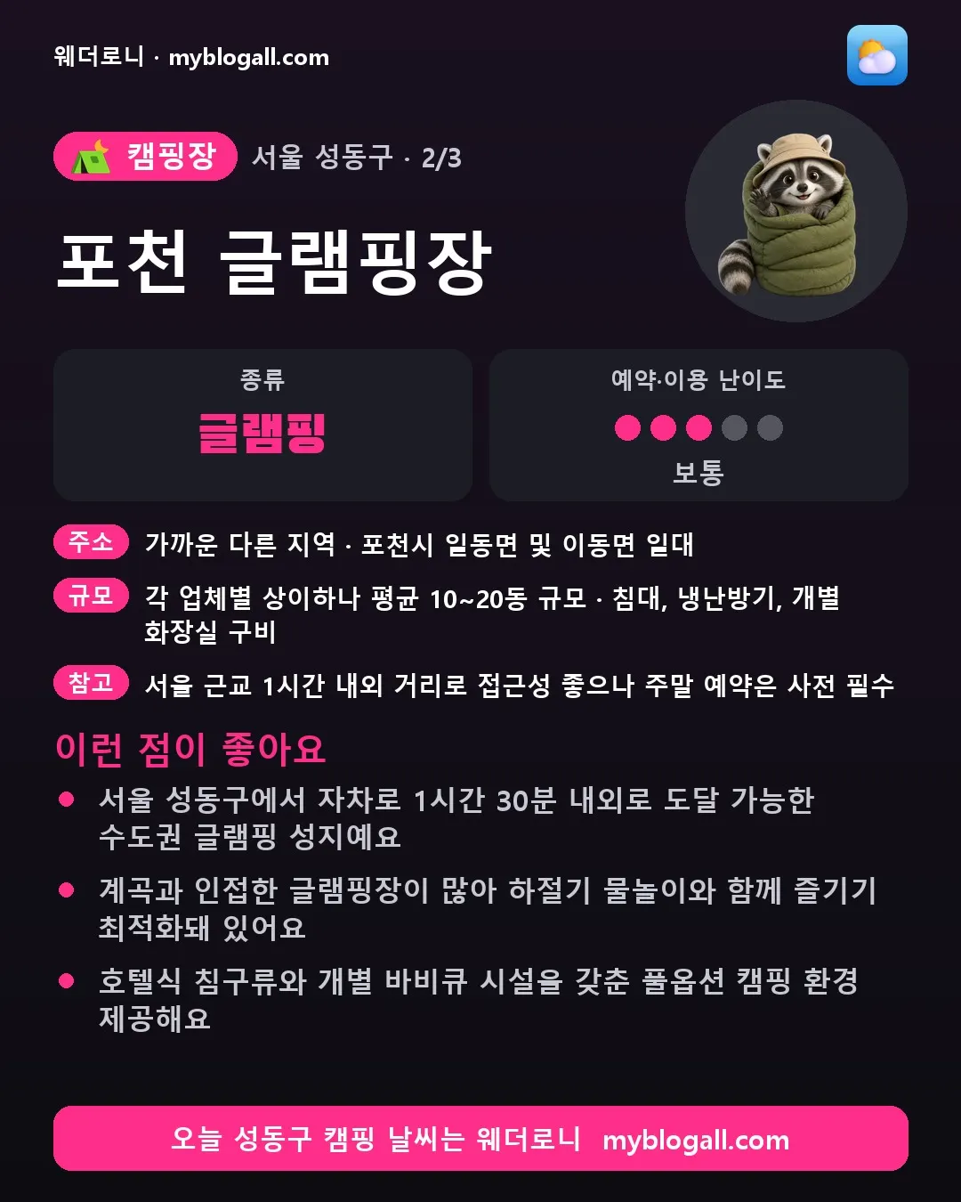 성동구 캠핑장 · 포천 글램핑장 — 글램핑 · 예약·이용 난이도 3/5 — 서울 성동구에서 자차로 1시간 30분 내외로 도달 가능한 수도권 글램핑 성지예요 — 계곡과 인접한 글램핑장이 많아 하절기 물놀이와 함께 즐기기 최적화돼 있어요