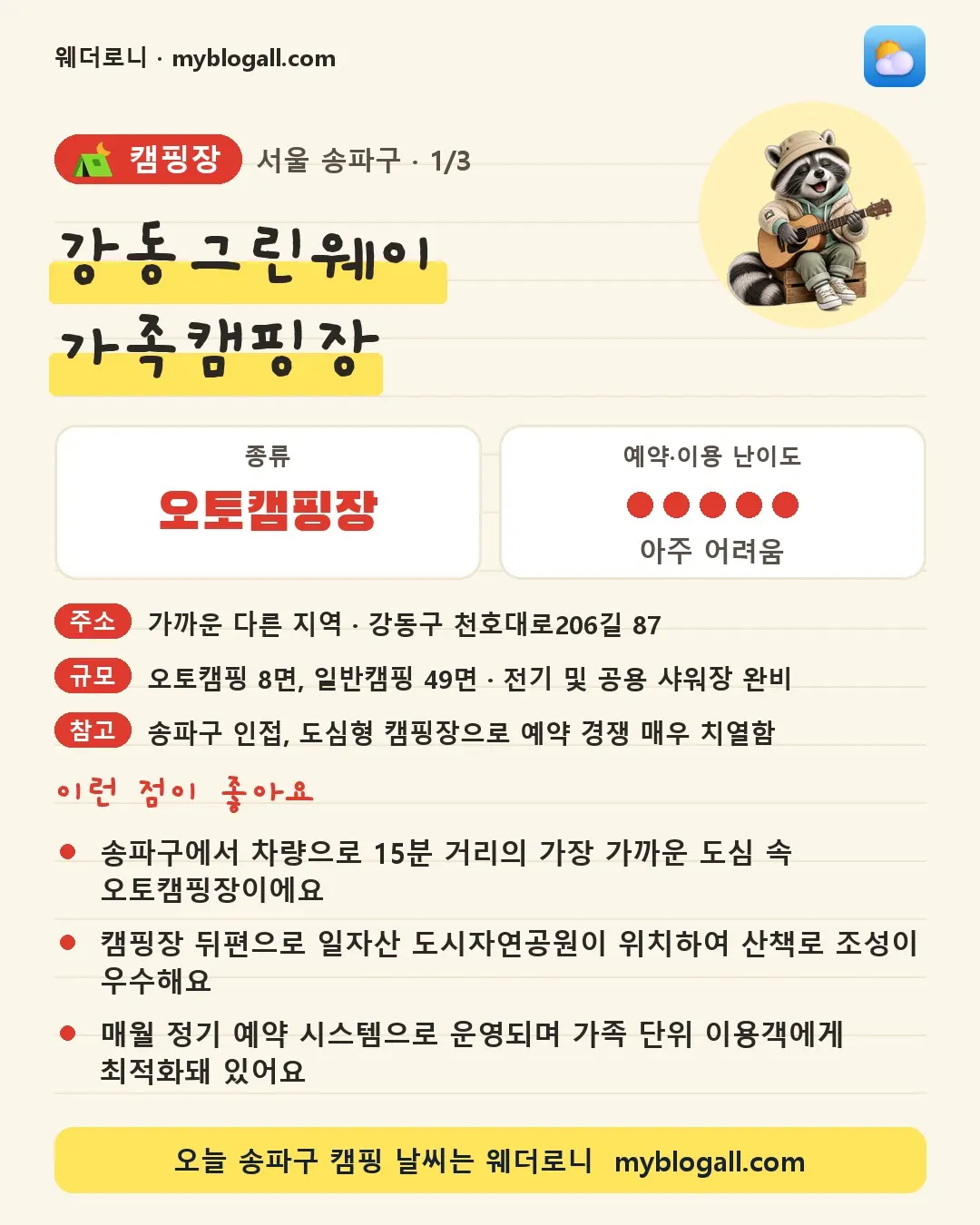 송파구 캠핑장 · 강동그린웨이 가족캠핑장 — 오토캠핑장 · 예약·이용 난이도 5/5 — 송파구에서 차량으로 15분 거리의 가장 가까운 도심 속 오토캠핑장이에요 — 캠핑장 뒤편으로 일자산 도시자연공원이 위치하여 산책로 조성이 우수해요