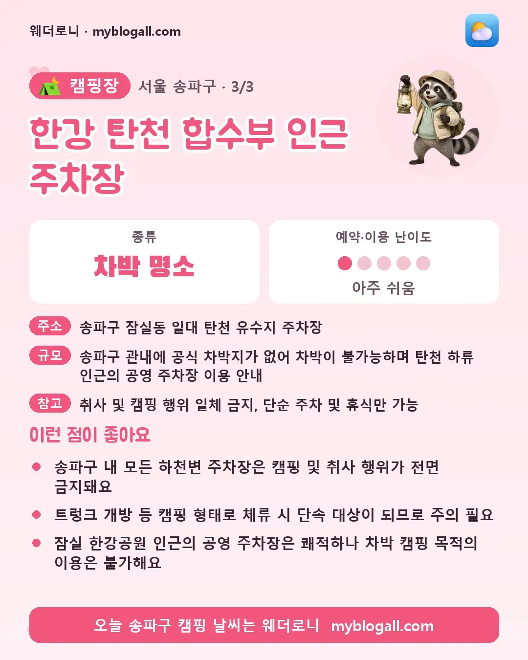 송파구 캠핑장 · 한강 탄천 합수부 인근 주차장 — 차박 명소 · 예약·이용 난이도 1/5 — 송파구 내 모든 하천변 주차장은 캠핑 및 취사 행위가 전면 금지돼요 — 트렁크 개방 등 캠핑 형태로 체류 시 단속 대상이 되므로 주의 필요