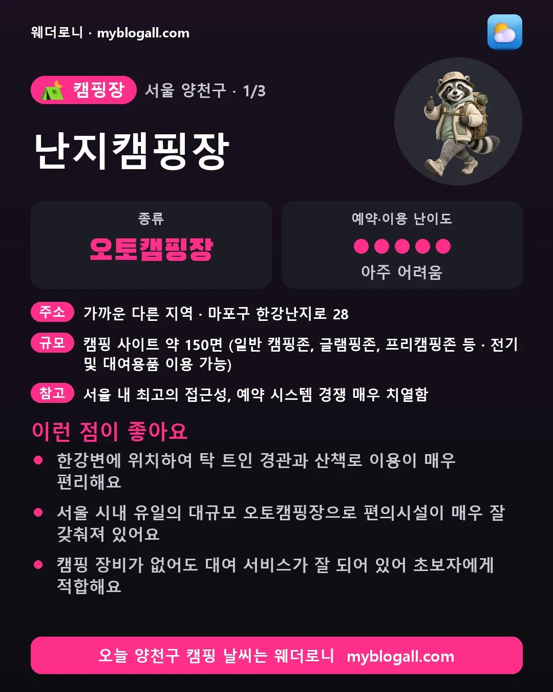 양천구 캠핑장 · 난지캠핑장 — 오토캠핑장 · 예약·이용 난이도 5/5 — 한강변에 위치하여 탁 트인 경관과 산책로 이용이 매우 편리해요 — 서울 시내 유일의 대규모 오토캠핑장으로 편의시설이 매우 잘 갖춰져 있어요