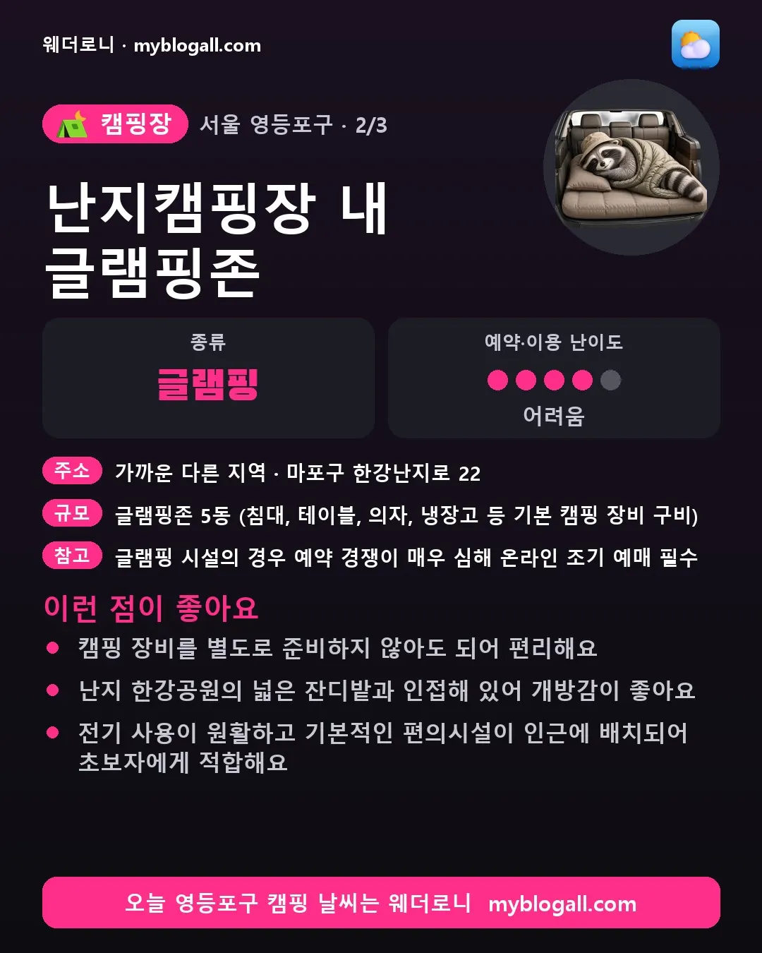 영등포구 캠핑장 · 난지캠핑장 내 글램핑존 — 글램핑 · 예약·이용 난이도 4/5 — 캠핑 장비를 별도로 준비하지 않아도 되어 편리해요 — 난지 한강공원의 넓은 잔디밭과 인접해 있어 개방감이 좋아요