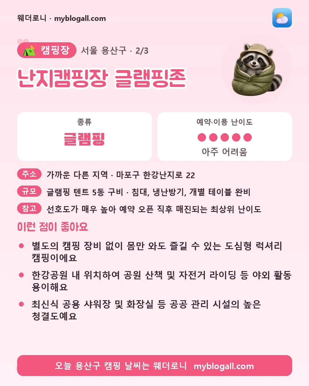 용산구 캠핑장 · 난지캠핑장 글램핑존 — 글램핑 · 예약·이용 난이도 5/5 — 별도의 캠핑 장비 없이 몸만 와도 즐길 수 있는 도심형 럭셔리 캠핑이에요 — 한강공원 내 위치하여 공원 산책 및 자전거 라이딩 등 야외 활동 용이해요