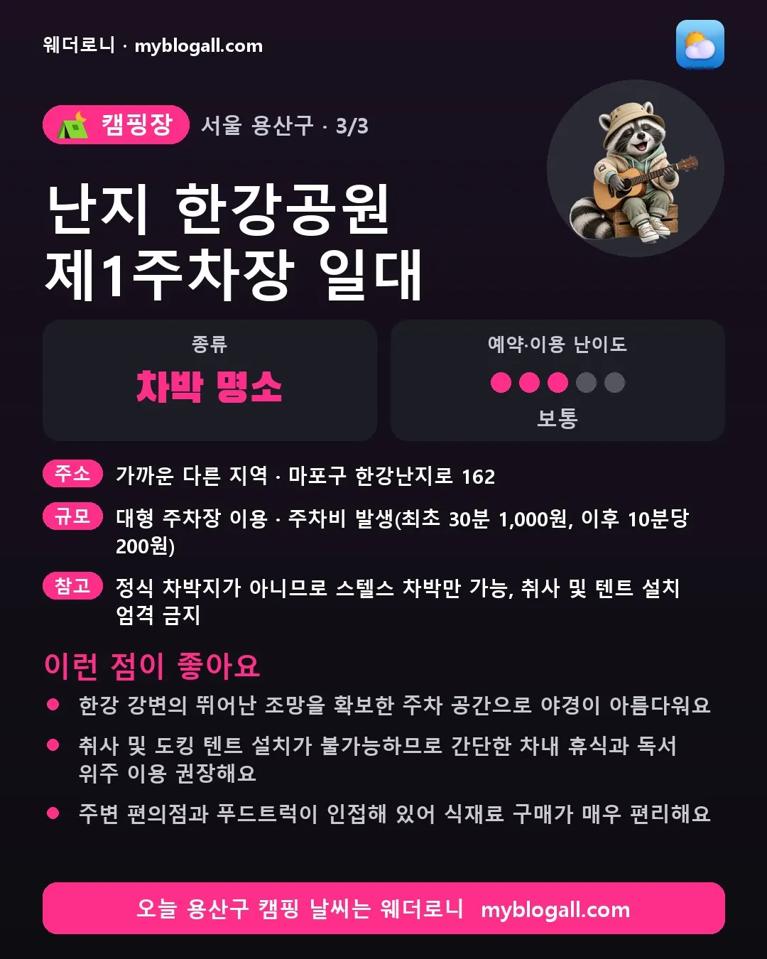 용산구 캠핑장 · 난지 한강공원 제1주차장 일대 — 차박 명소 · 예약·이용 난이도 3/5 — 한강 강변의 뛰어난 조망을 확보한 주차 공간으로 야경이 아름다워요 — 취사 및 도킹 텐트 설치가 불가능하므로 간단한 차내 휴식과 독서 위주 이용 권장해요