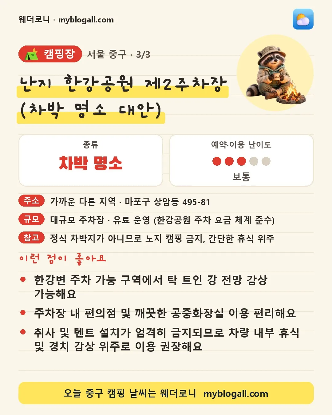 중구 캠핑장 · 난지 한강공원 제2주차장 (차박 명소 대안) — 차박 명소 · 예약·이용 난이도 3/5 — 한강변 주차 가능 구역에서 탁 트인 강 전망 감상 가능해요 — 주차장 내 편의점 및 깨끗한 공중화장실 이용 편리해요