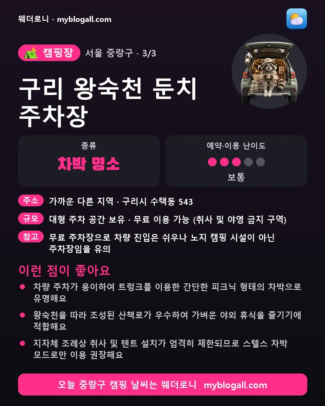중랑구 캠핑장 · 구리 왕숙천 둔치 주차장 — 차박 명소 · 예약·이용 난이도 3/5 — 차량 주차가 용이하여 트렁크를 이용한 간단한 피크닉 형태의 차박으로 유명해요 — 왕숙천을 따라 조성된 산책로가 우수하여 가벼운 야외 휴식을 즐기기에 적합해요