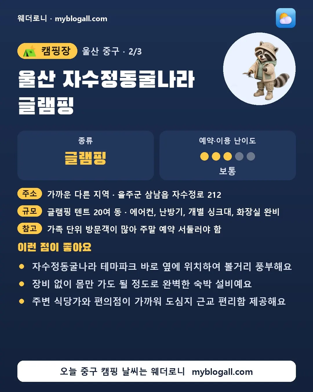 중구 캠핑장 · 울산 자수정동굴나라 글램핑 — 글램핑 · 예약·이용 난이도 3/5 — 자수정동굴나라 테마파크 바로 옆에 위치하여 볼거리 풍부해요 — 장비 없이 몸만 가도 될 정도로 완벽한 숙박 설비예요