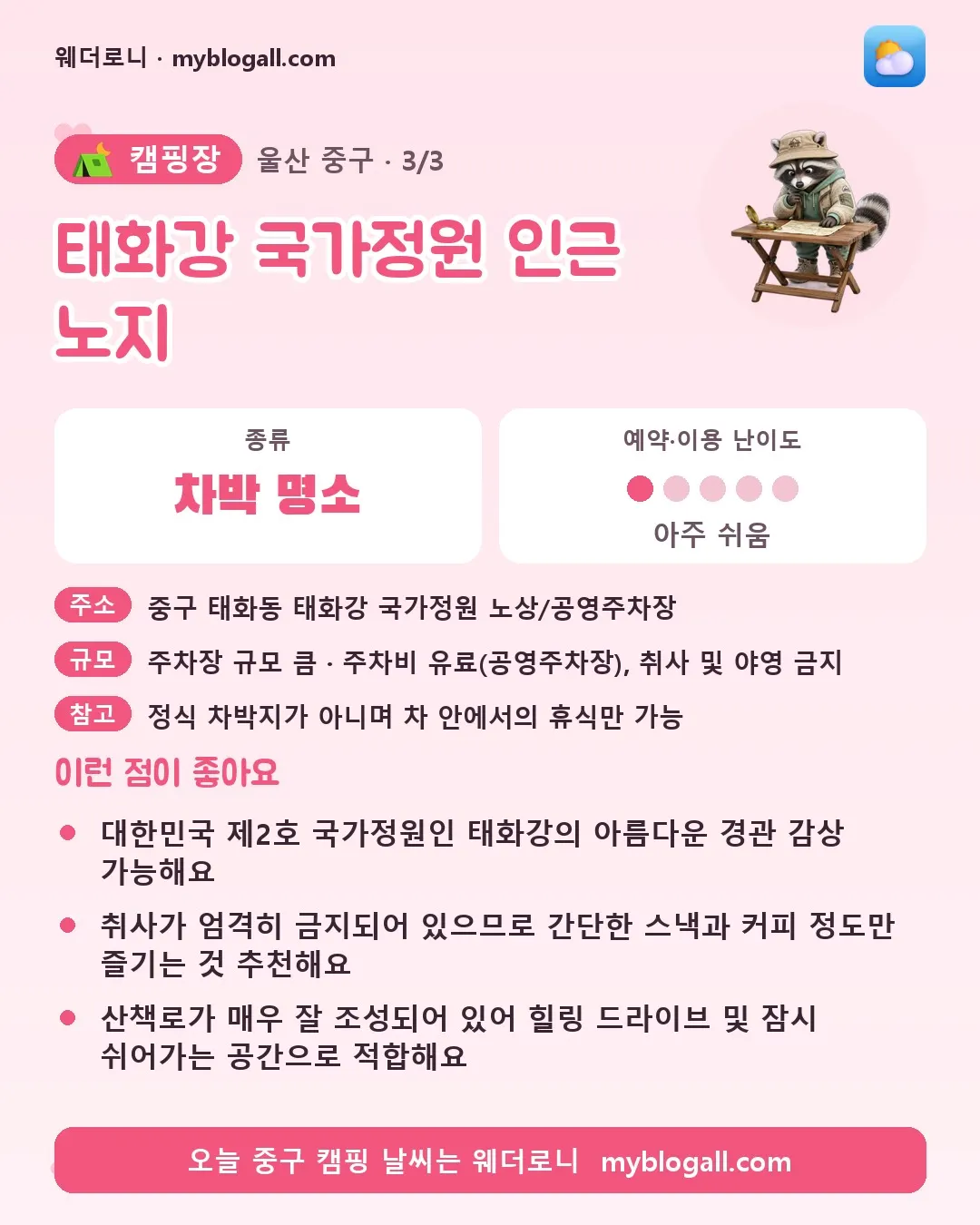 중구 캠핑장 · 태화강 국가정원 인근 노지 — 차박 명소 · 예약·이용 난이도 1/5 — 대한민국 제2호 국가정원인 태화강의 아름다운 경관 감상 가능해요 — 취사가 엄격히 금지되어 있으므로 간단한 스낵과 커피 정도만 즐기는 것 추천해요